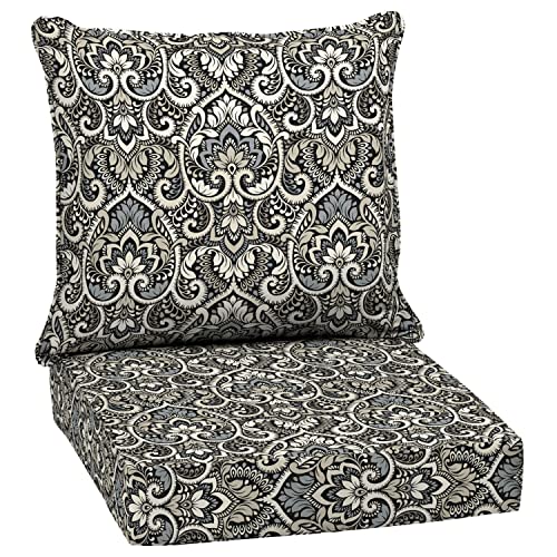Image of Arden Deep Seat Outdoor Chair Cushion Set, 24 in x 24 in, Weather-Proof, Rain-Proof, Fade Resistant Patio Cushion Set for Chair, Sofa, and Couch Black Aurora Damask