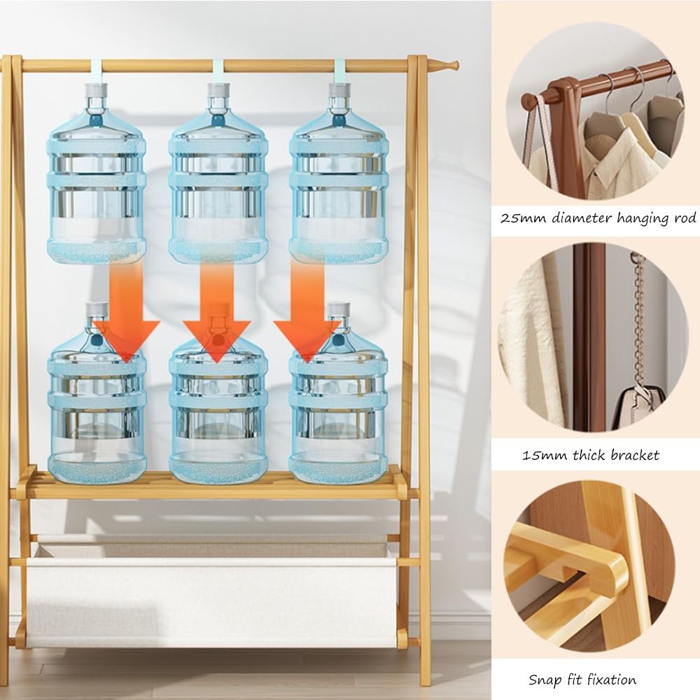 Floor-Standing Solid Wood Rotating Coat Rack，Bamboo Free Standing Clothes Rack with 2-Tier Storage Shelves - Stylish Garment Organizer for Bedroom, Living Room, and Entryway - 66x40x159cm