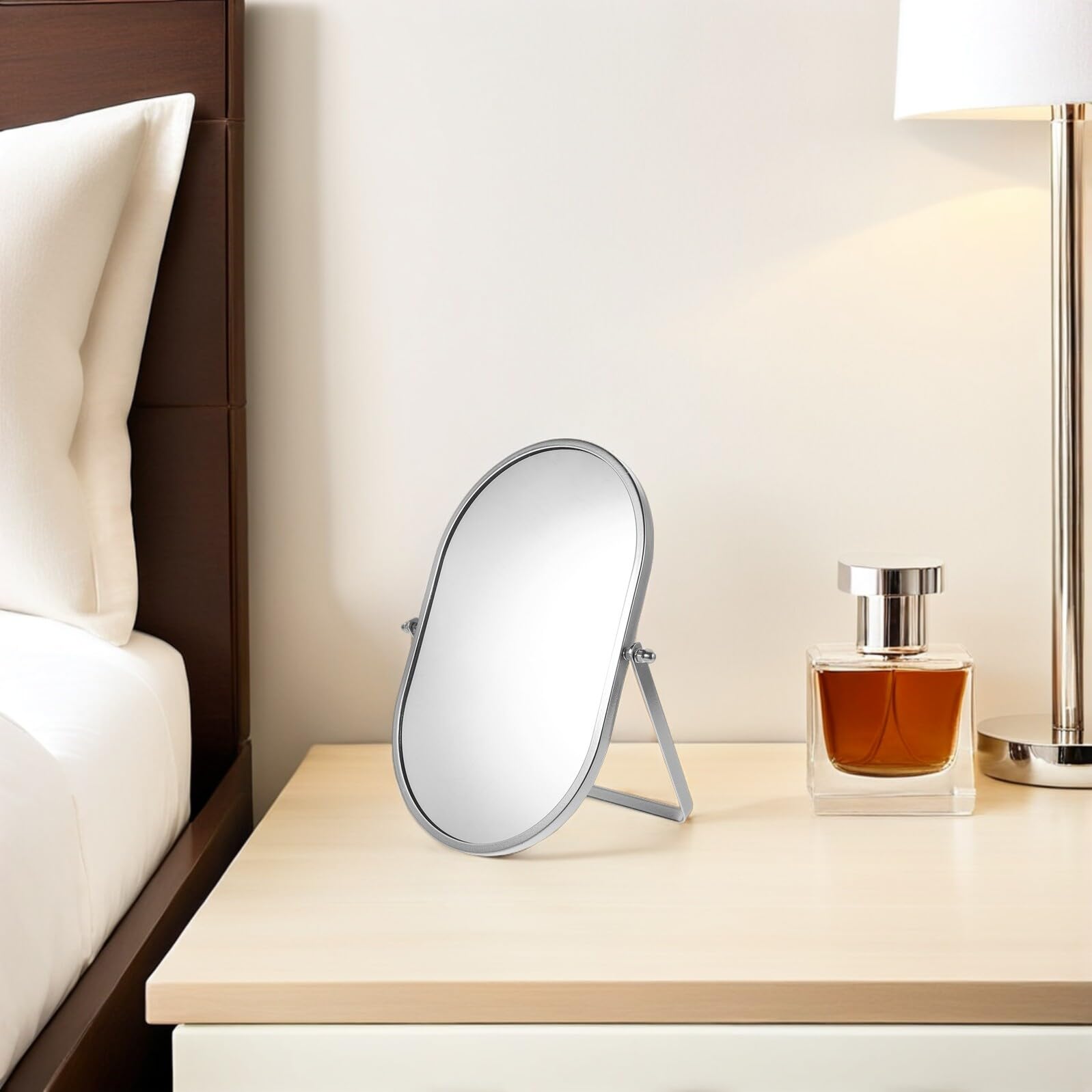 Espejo de Maquillaje Plegable de Escritorio Plateado Grande, Espejo Portátil para Tocador y Dormitorio Base Estable y Ángulo Ajustable, Adecuado para Viaje y Cuidado Personal