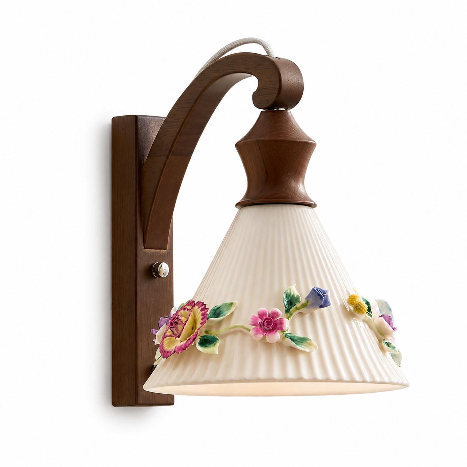 SXWNBIFH White Ash Wood Wall Sconce Handmade Floral Ceramic Wall Lamp E27 Socket Hardwired Wall Light for Bedroom Corridor Entryway Balcony Cloakroom Small Space Decor Lighting
