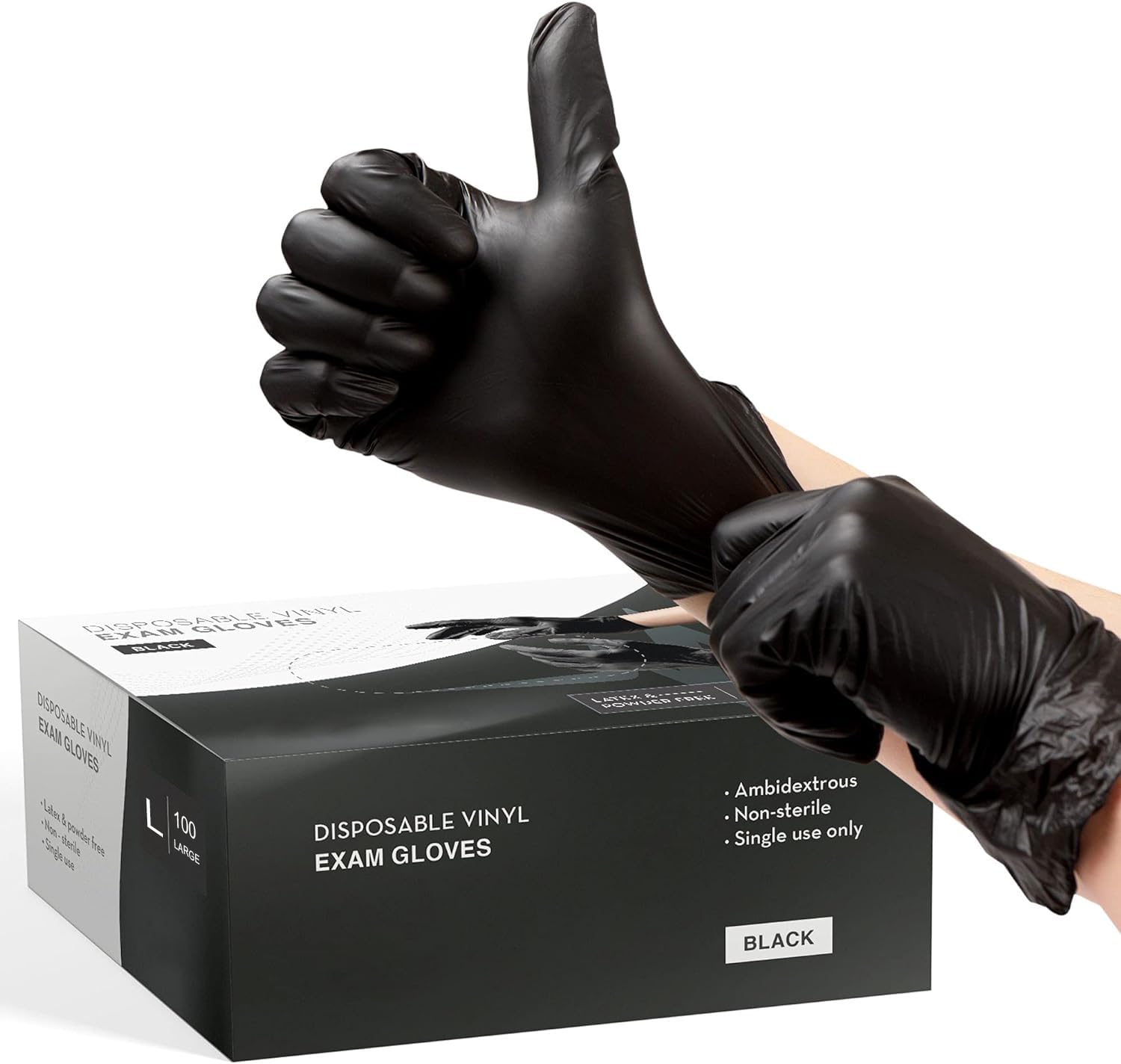 PROMART Disposable Gloves Black Vinyl - Latex-Free, Powder Free, Extra Strong 4 mil, Multi-Purpose, Non-Surgical Gloves, Disposable, Medical Exam Gloves, for Medical, Cooking & Cleaning (100, LARGE)
