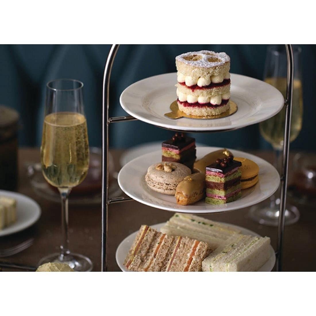 Olympia Présentoir pour 3 assiettes maxi 21cm, Support à 3 niveaux pour assiettes jusqu'à 21 cm/8,25 pouces, Chrome, Taille : 380(H)mm x 240(L) x 205(P)mm, Anneau d'assiette 15,5 cm, CL571