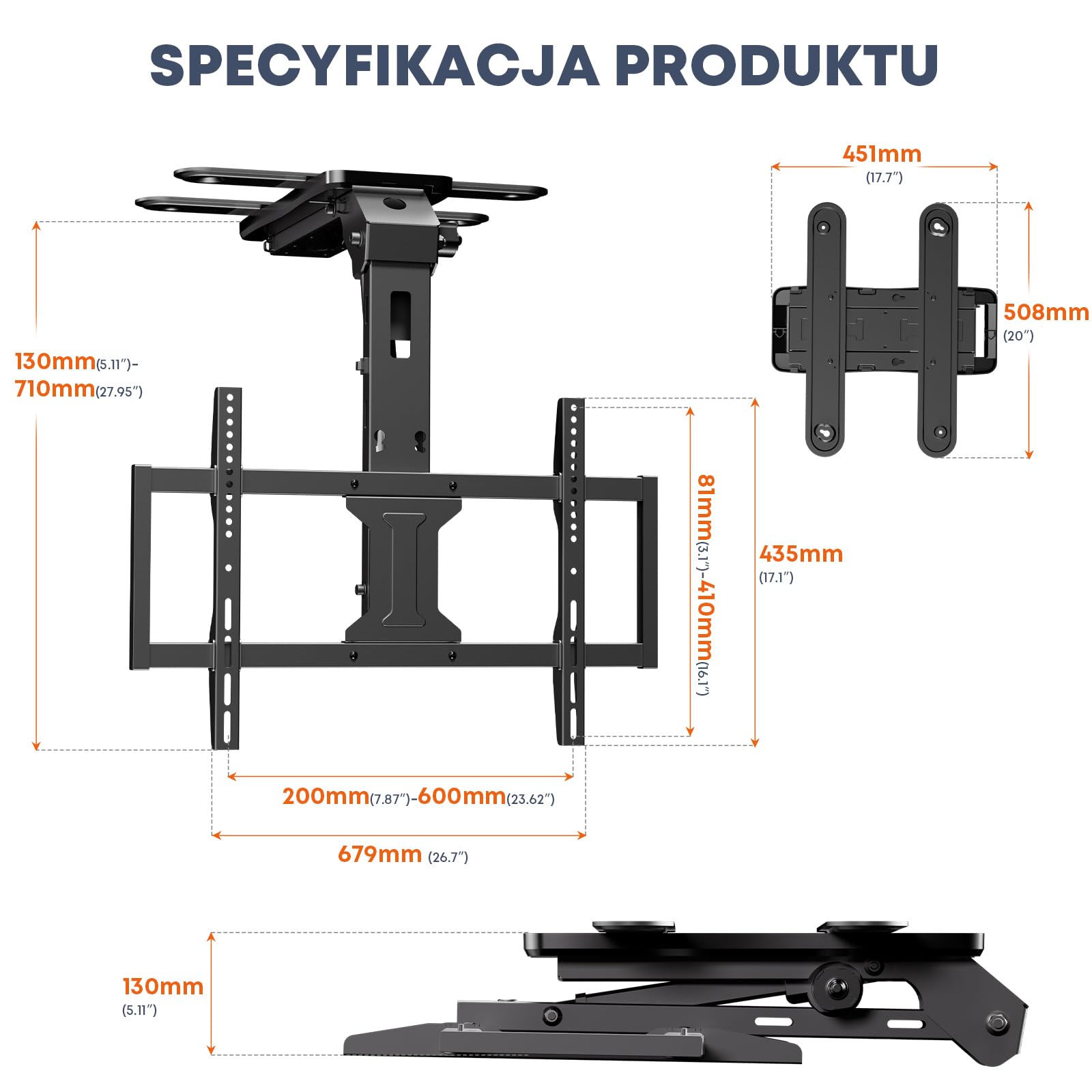 Elektryczny Uchwyt TV Sufitowy 37–75" – Opuszczany Podnośnik TV, Pilot, Udźwig 45 kg, VESA 600×400mm, Czarny