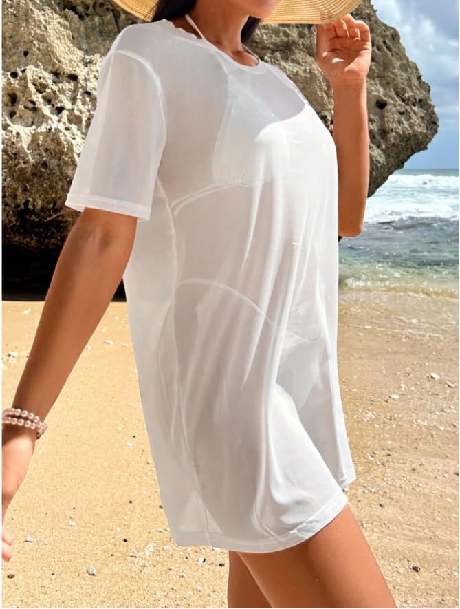 Women's Swimsuit Solid Color Transparent Mesh Cover Beach Solid Color Perspective Swimsuit Dress4