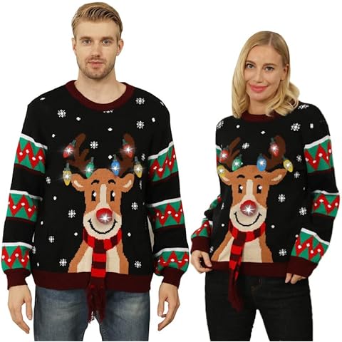 Light Up Christmas Jumpers Women Men,Led Unisex Ugly Christmas Sweater,Funny Novelty Christmas Jumper,Couples Xmas Jumpers Pullover Sweatshirt Knitwear with Long Sleeve Reindeer for Adult(ONE PIECE) Cover