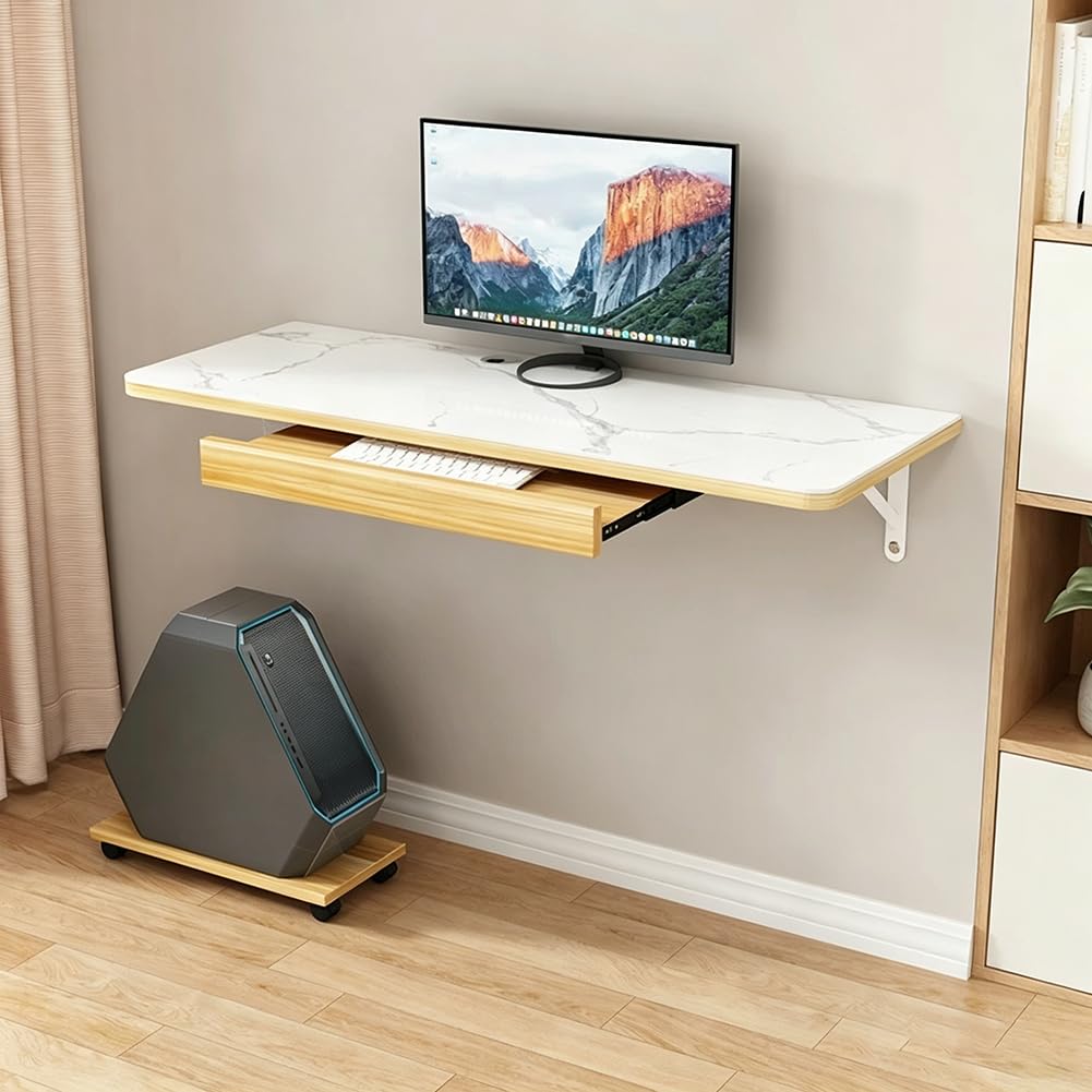 PA-DABAOO Wall Mounted Computer Workstation,Multi-Function Laptop Desk for Small Spaces,Floating Office Desk with Keyboard Tray & Computer Host Tray,Modern Marble Texture,120CM