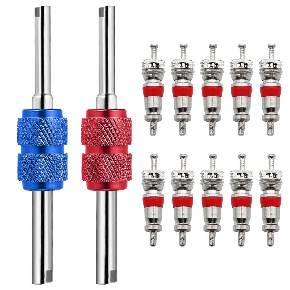 BlueXPTyre Valve Tools 10 PCS Valve Cores with 2 PCS Double Head Tyre Valve Remover Repair Tools for Car Bike Motorcycle Truck to Replace and Repair Tires