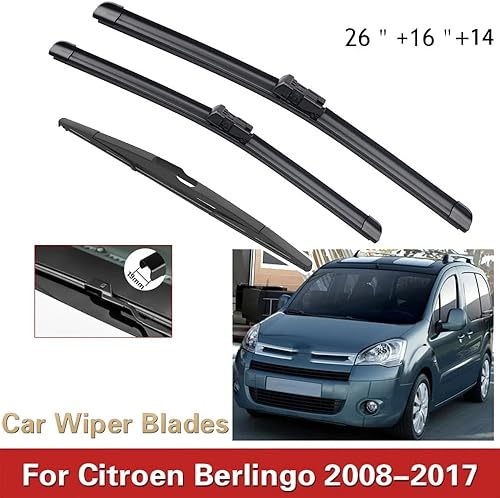 Miniatura 2 de Juego de limpiaparabrisas delantero y trasero compatible con Citroen Berlingo B9 2008-2017 parabrisas ventana 26 + 16 + 14 pulgadas