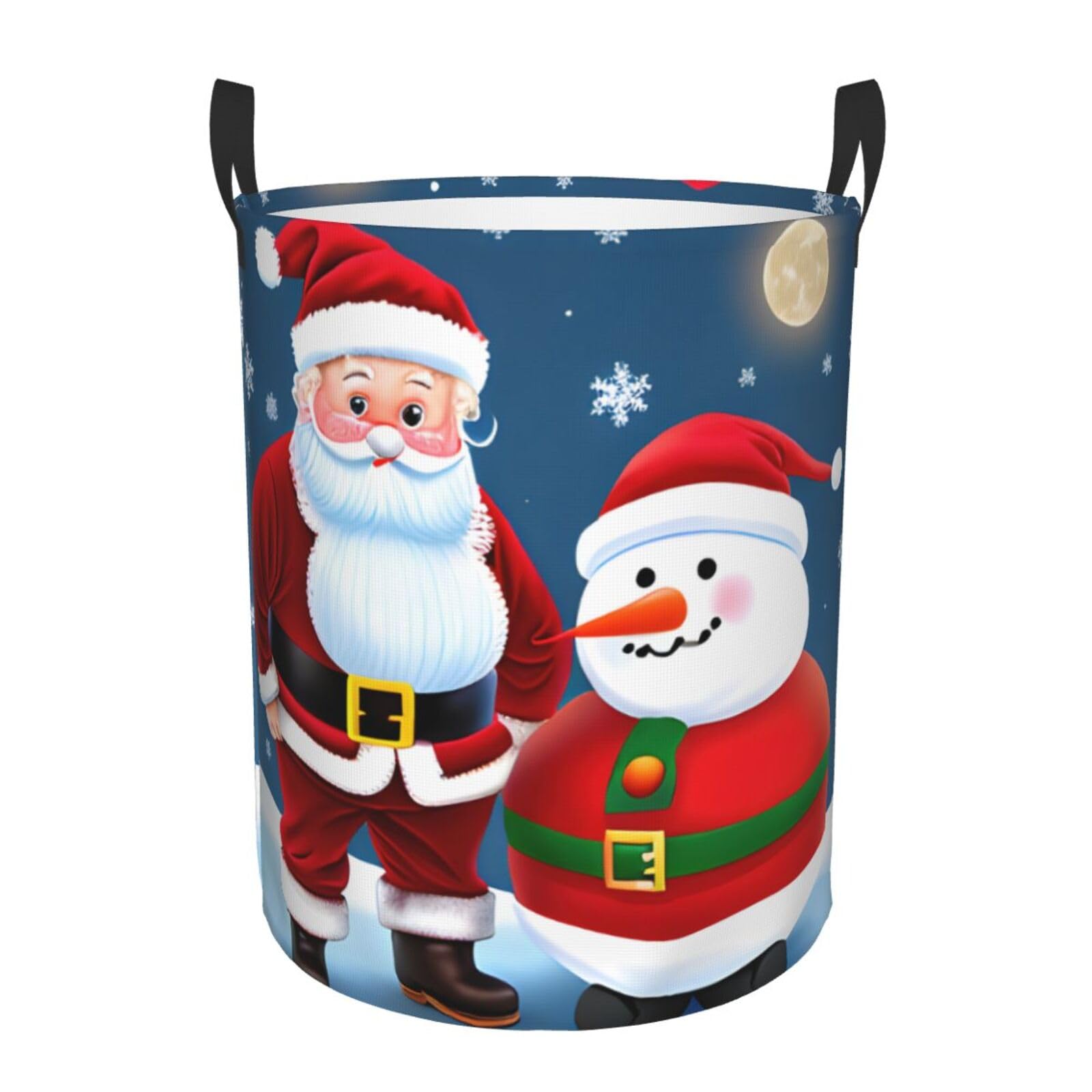 M Collapsible Round Santa Claus and Snowman Print Laundry Hamper