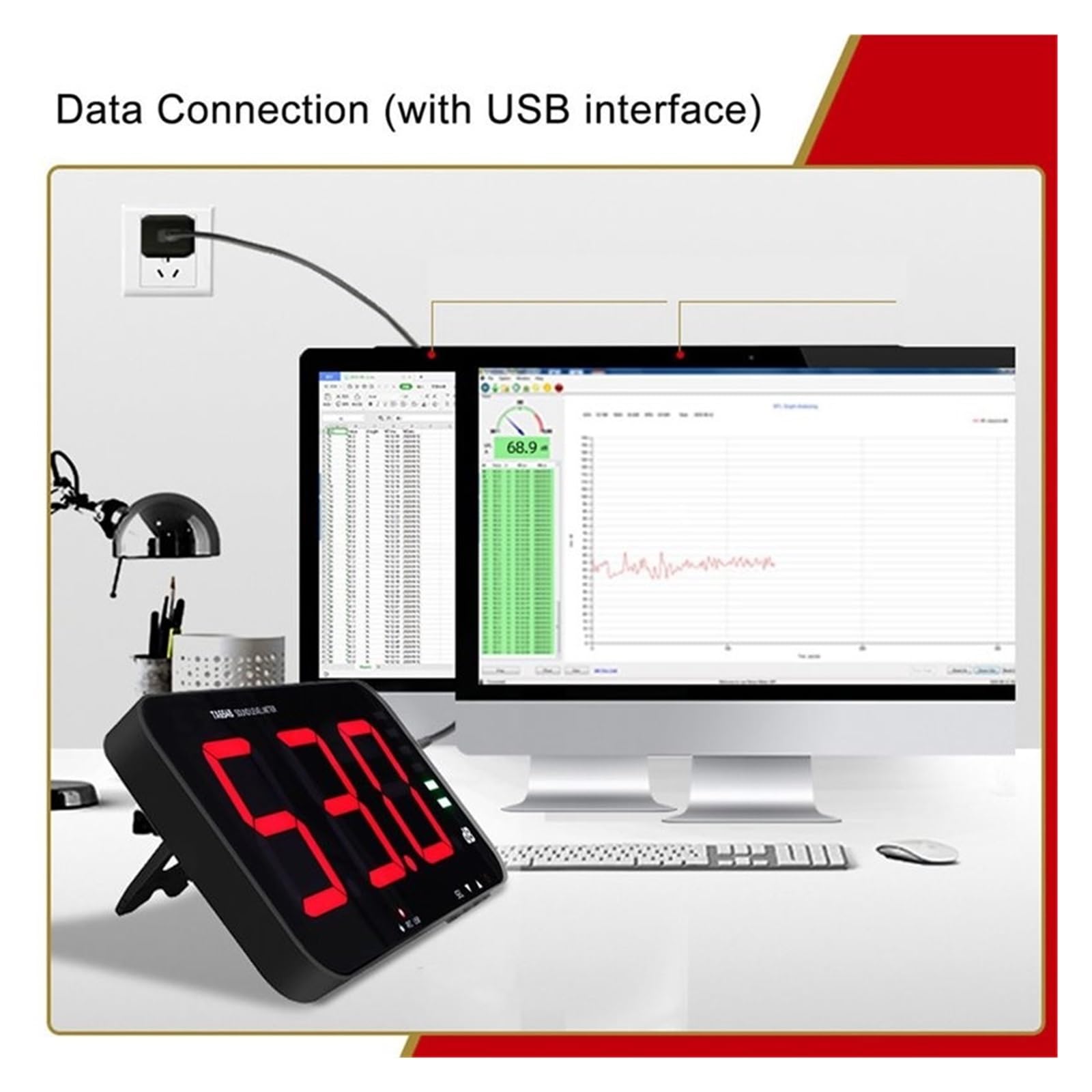 Medidor de Decibeles, Lector de decibelios Digital, medidor nivel sonido con pantalla 13 pulgadas, Detector ruido ambiental for colgar en la pared, 654A
