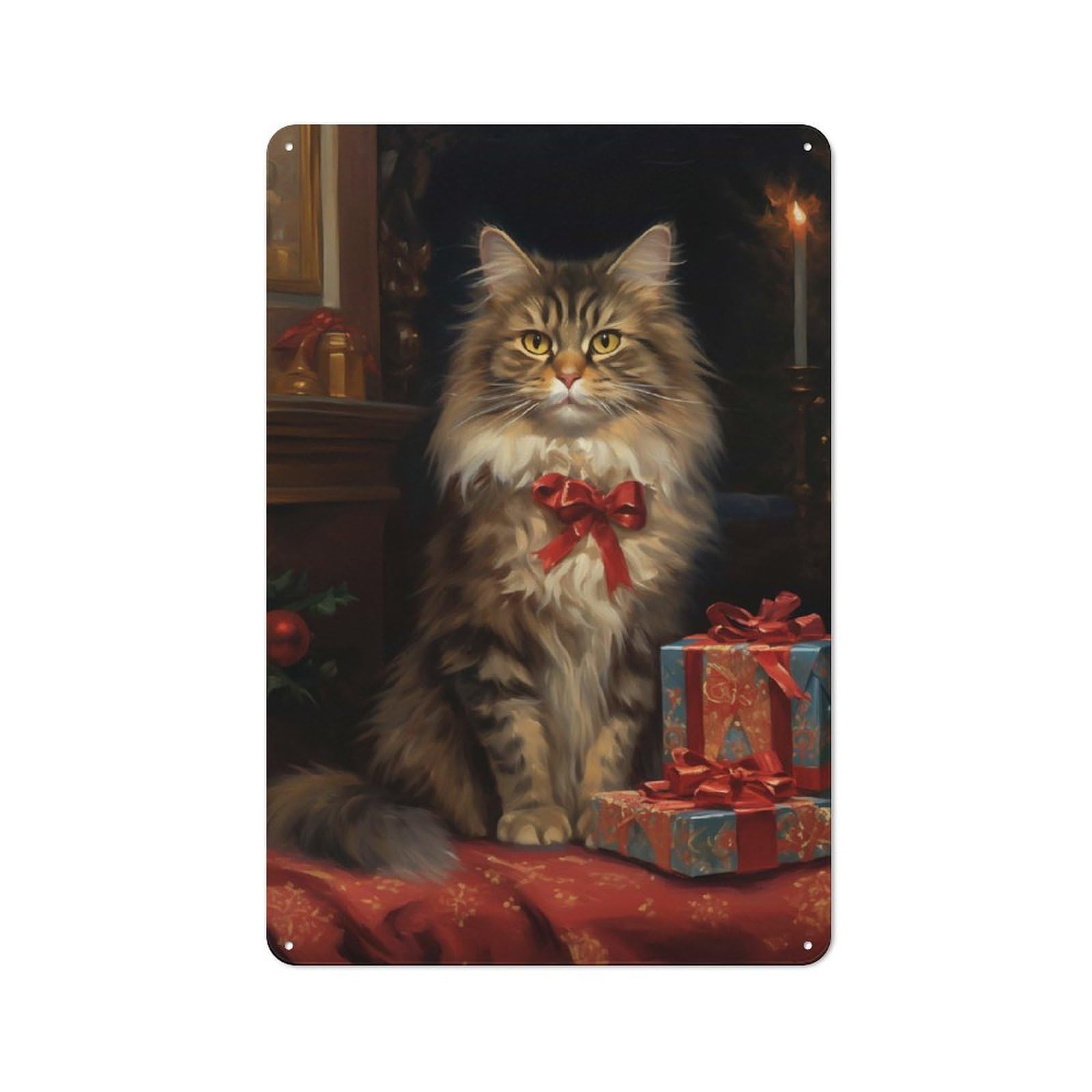Junmoney Christmas Maine Coon Cat Tin Sign 30X20cm For Pub Or Café, Retro-Style Wall Decor, For Garage, Workshop And Man Cave Decoration