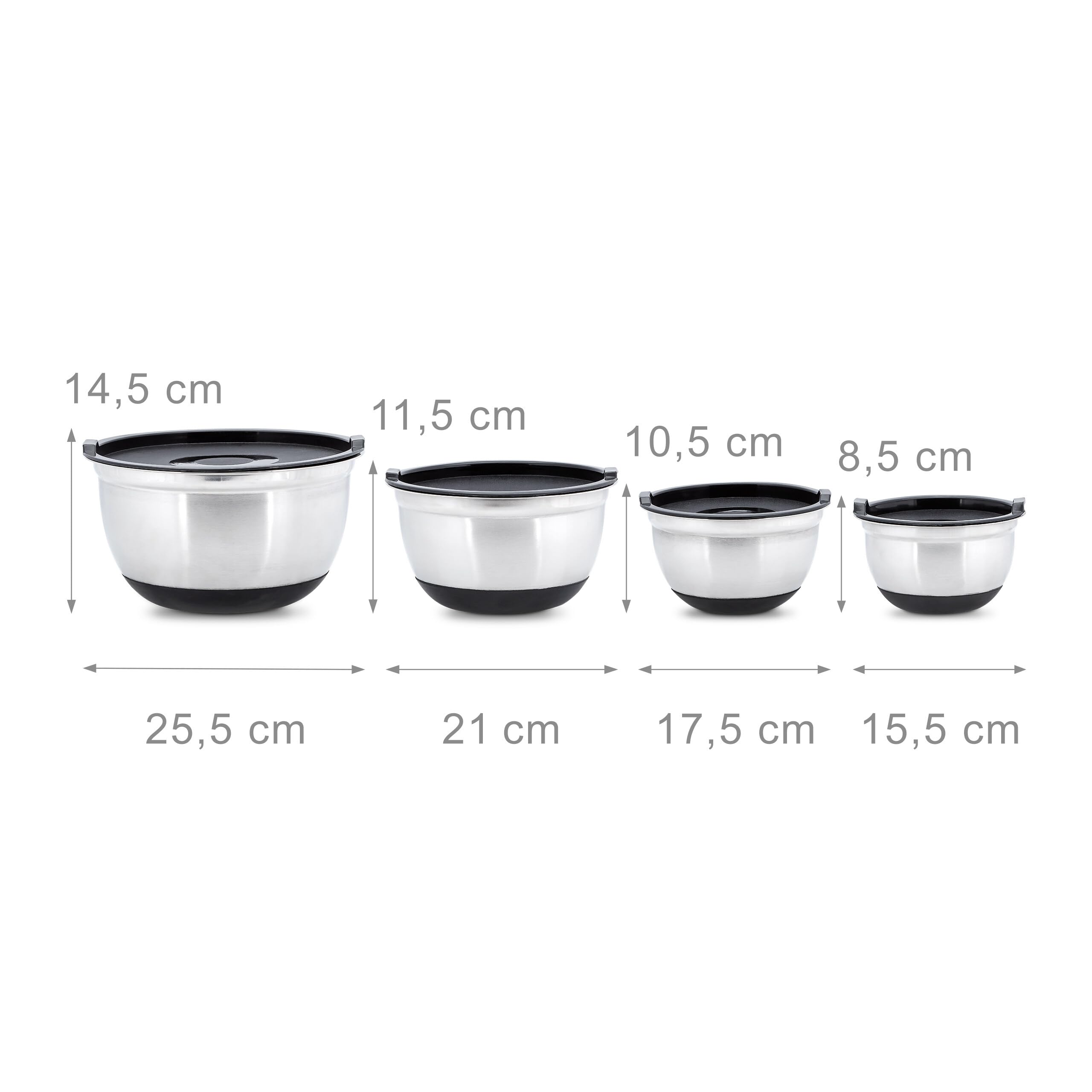 Relaxdays Schüssel Set BOWLY mit Deckel, HxBxT: ca. 14,5 x 25,5 x 25,5 cm, 4er Set, stapelbar, Edelstahl, Silber-schwarz