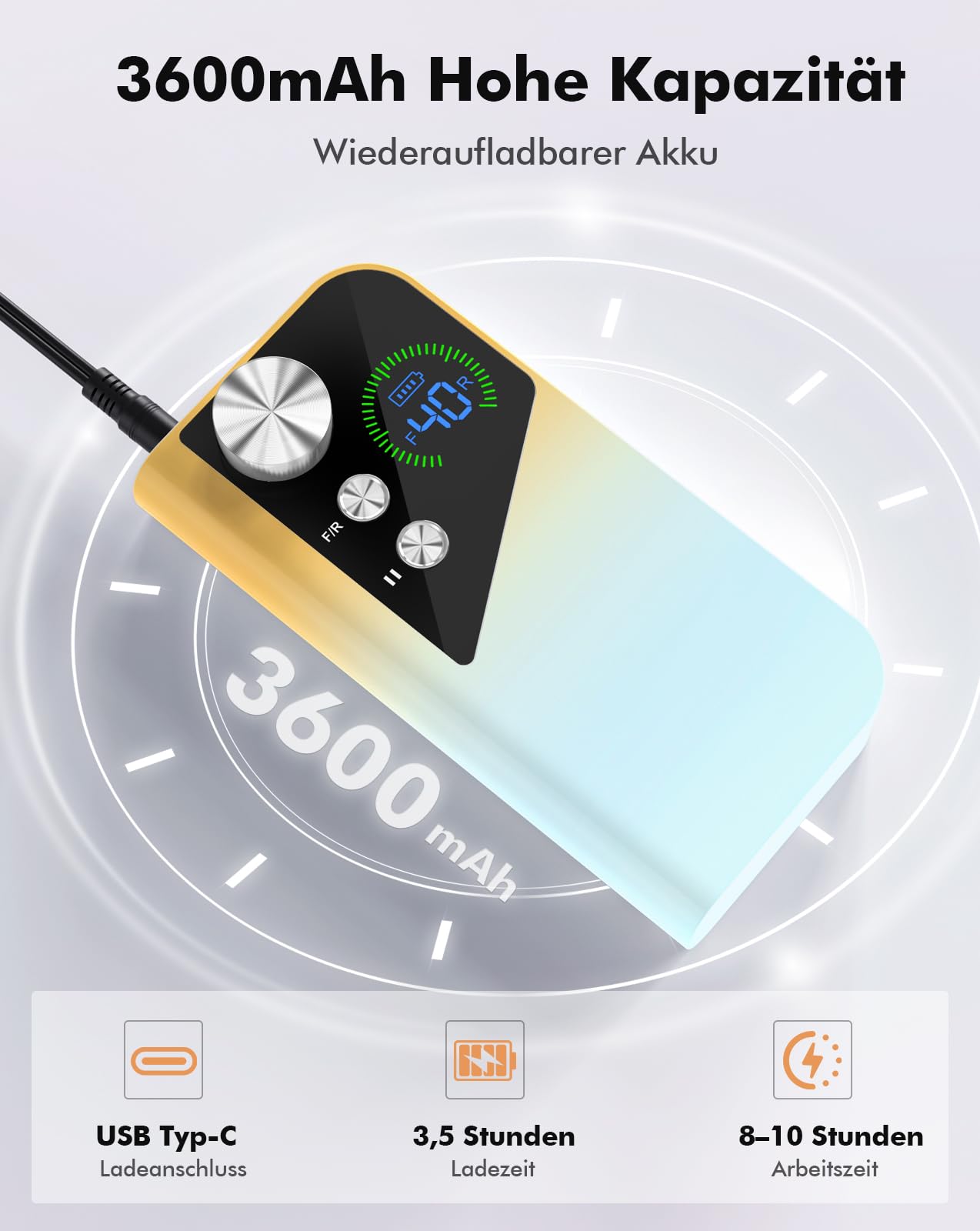 HOMEASY Nagelfräser 40.000 U/min Profi. Tragbar Fräser Nägel Elektrische Nagelfeile Wiederaufladbare Fräser für gelnägel Nagellack Maniküre Set mit 6 Nagel Bits LCD Anzeige F/R Richtung Gelb Blau
