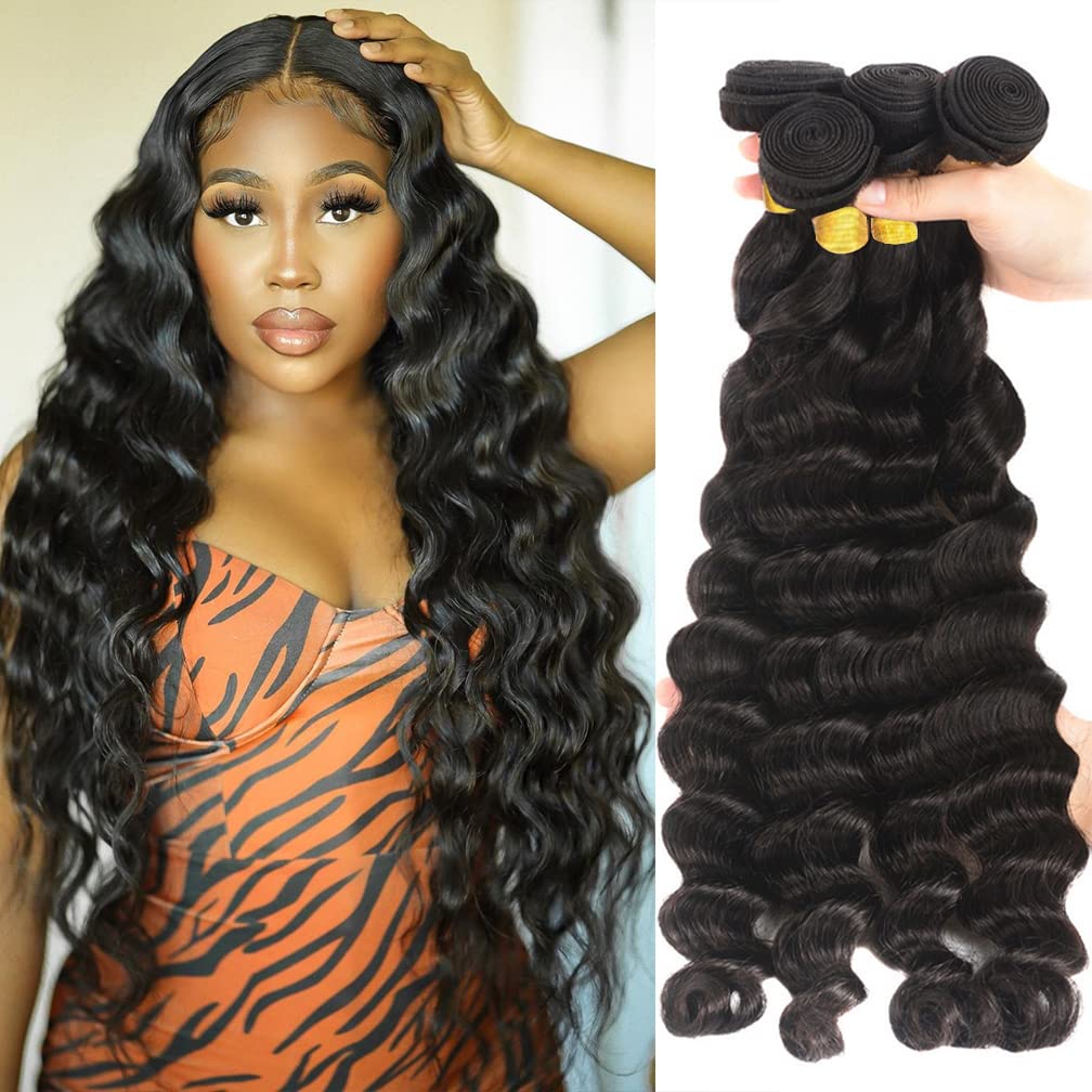 Borchan 4 Bundles Human Hair Brazilian Loose Deep Wave Bundles 100% Unprocessed Virgin Loose Wave Human Hair for Black Women 14 16 18 20 Inch Hair Extensions Natural Color