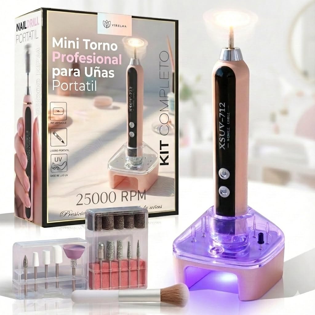 Torno para Uñas Profesional Inalambrico 25000RPM – Lima Eléctrica con Luz UV, Base antideslizante y Pantalla LED | Recargable y portatil para Manicura y Pedicura en Casa o Viajes