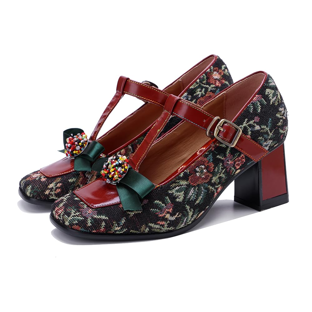 Little KAKA Damen Leder T Strap bunten Mary Jane Schuhe Block Heels Mary Jane Dressing Schuhe