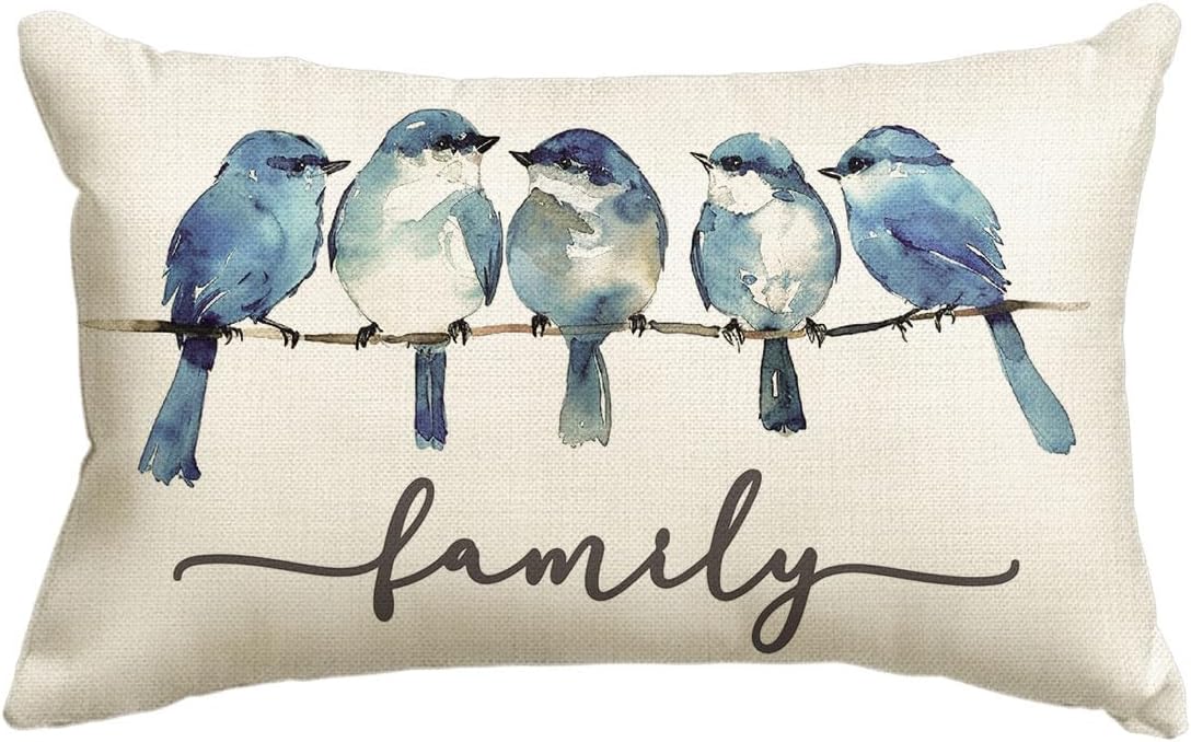 AVOIN colorlife Home Sweet Home Bluebird Family Watercolor Throw Pillow Cover, 12 x 20 Inch Christmas Winter Cushion Case Decoration for Sofa Couch
