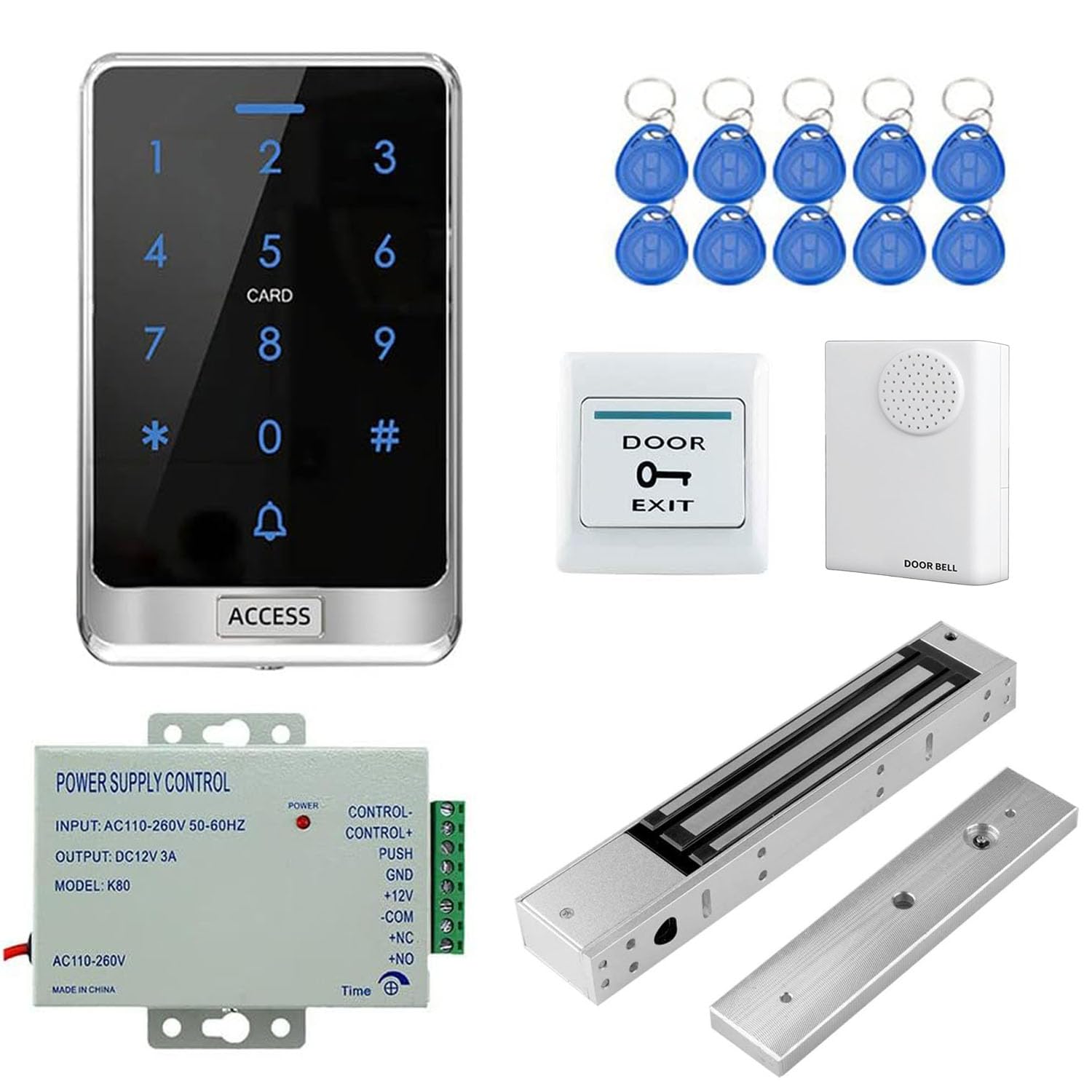 YAVIS Voller Satz RFID Outdoor Waterproof Touchscreen Zugangskontroller,125KHz Code Tastatur Kartenleser,280KG/600LBS NC elektrisches magnetisches Schloss,110-240V 3A Netzteil,Türklingel, 10 Tasten