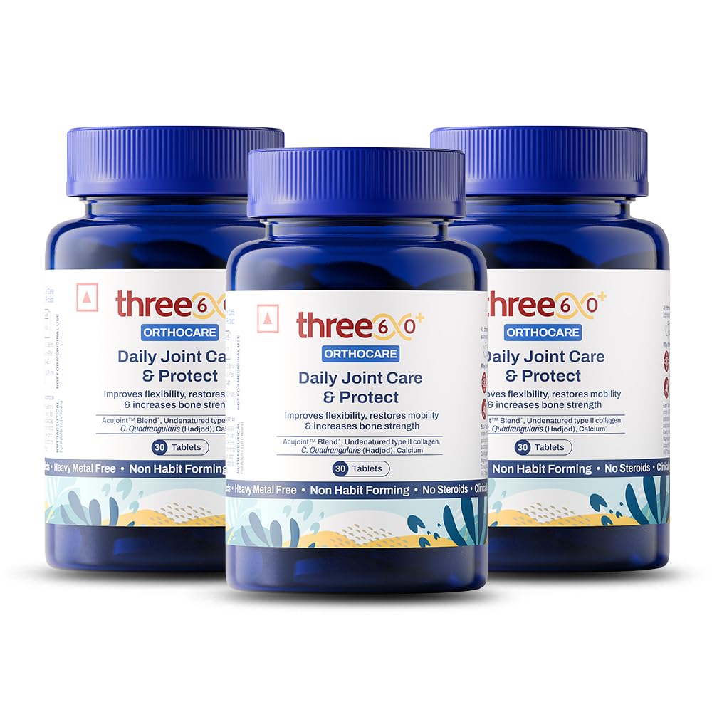 three60+ daily joint care & protect tablets | improves bone strength, promotes cartilage repair, enhances joint mobility | acujoint, undenatured type-ii collagen, hadjod | (30 tablets) (pack of 3)
