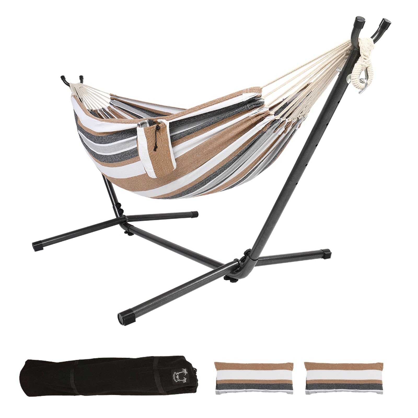 Bonnlo Hamaca con Soporte para Exterior,Hamacas Colgantes, Capacidad de Carga hasta 204 kg, Incluye Bolsa de Transporte, Hamaca Jardin, Hamacas Colgantes,Altura Ajustable (Café)