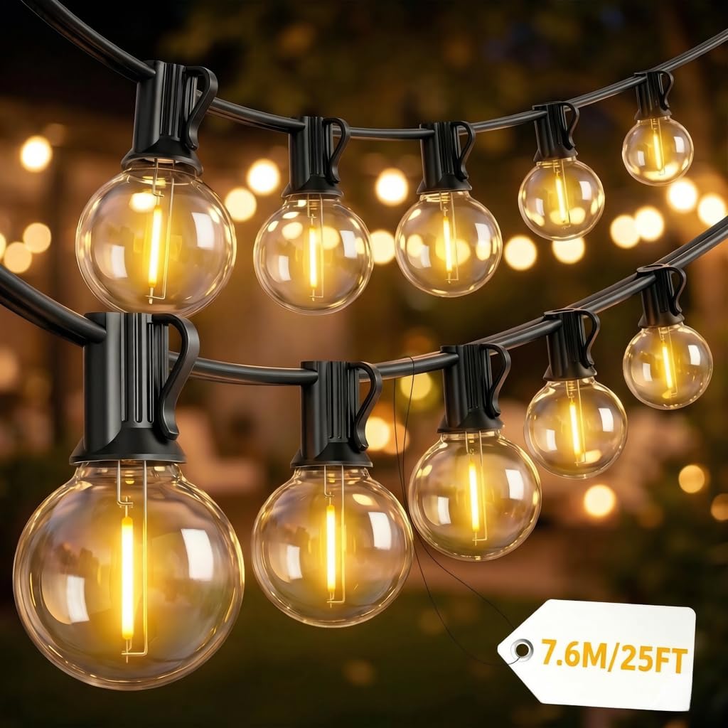 Yuucio Lichterkette Außen 8M, Wasserdicht Wetterfest Outdoor Lichterkette, Lichterkette Glühbirnen Außen LED mit 12+1Plastik Birnen für Aussen Garten Terrasse Party Deko Hochzeit, Warmweiß 2700K