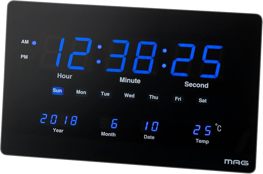 掛け時計 LED デジタル デジブルー 温度 日付表示 置き掛け兼用 ブラック MAG 掛け時計 LED デジタル デジブルー 温度 日付表示 置き掛け兼用