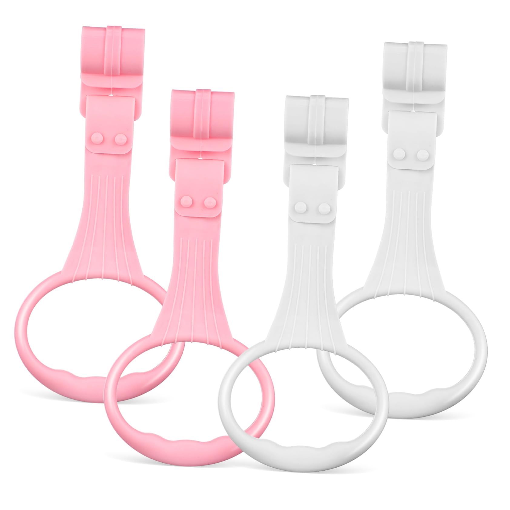 BESTonZON 4 Pcs Baby Walking Assistant Rings Toddler Cot Hanging Handles Plastic Pull up Rings for Standing and Walking Training, Infant Playpen Support Grip in White and Pink, 20×9cm