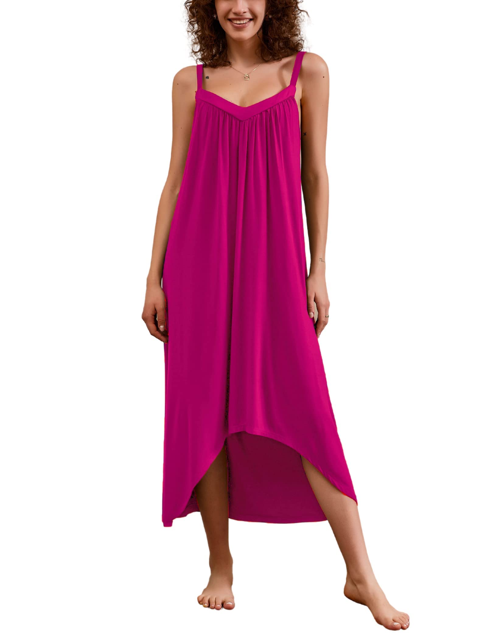 Ekouaer Womens Sleeveless Long Nightgown Summer Slip Night Dress Cotton Sleepshirt Chemise,Rose Red_6696,Large