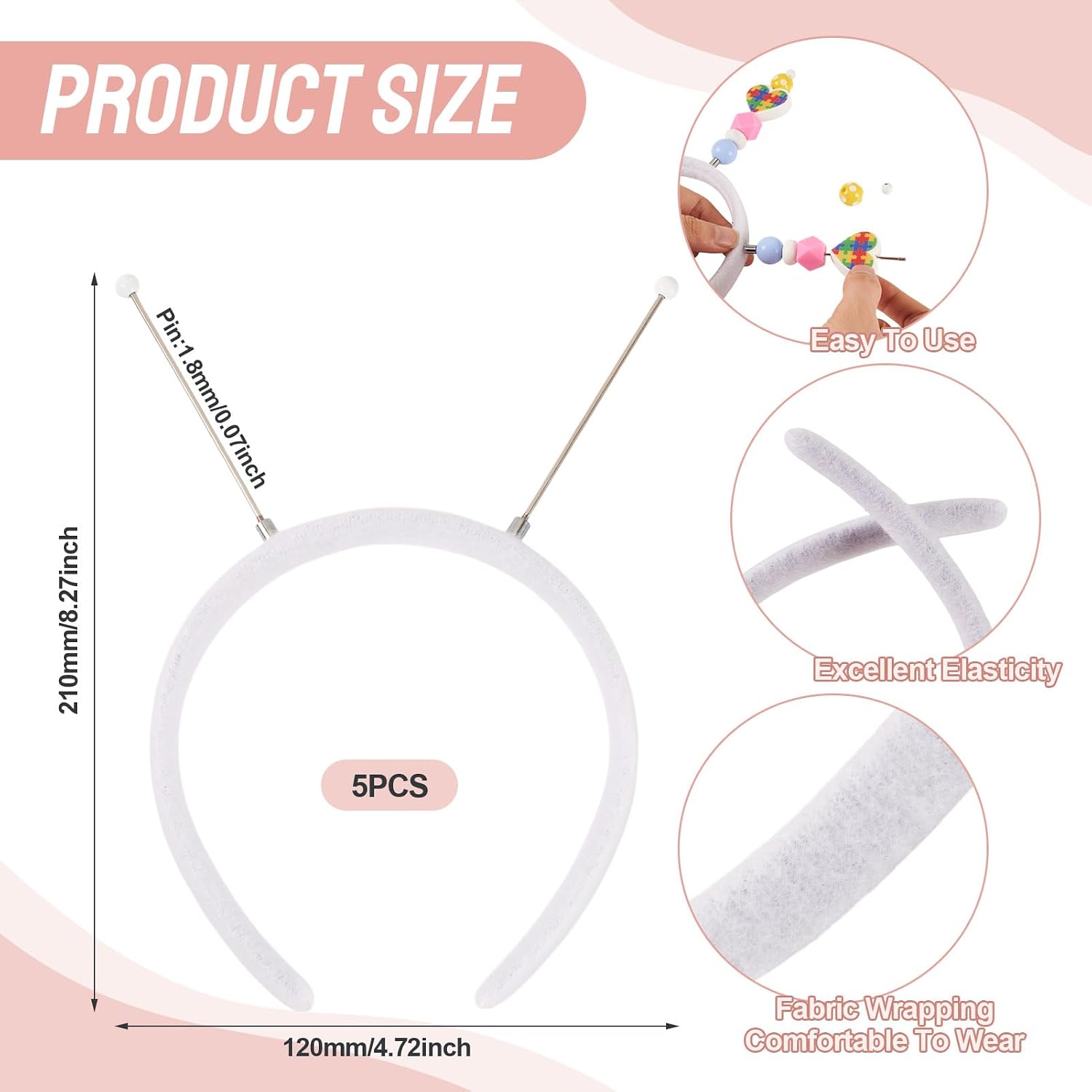 5 Pcs DIY Beadable Headbands for Birthday, Plastic White Hair Bands Fashion Hoops Birthday Party Hair Accessories for Women Makeup Adult Christmas Easter Supplies image 2