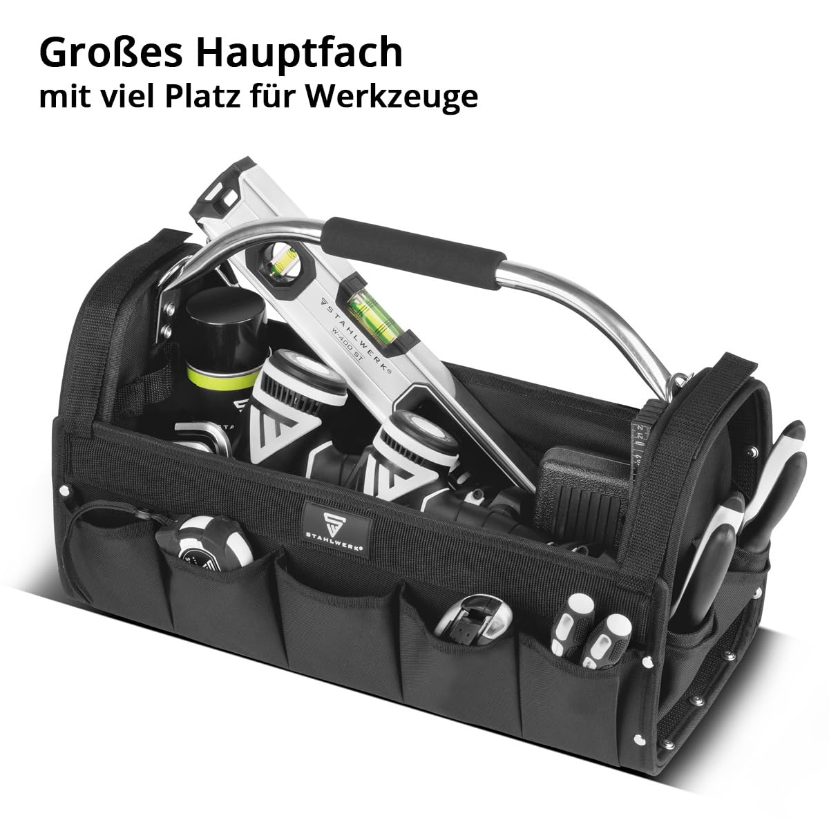 STAHLWERK Werkzeugtasche - 18 Außentaschen, 10 Innentaschen, robuste Installateur-Tasche, tragbarer Werkzeugkoffer, Montagetasche mit Tragegriff und Schultergurt, strapazierfähiges Polyester-Gewebe