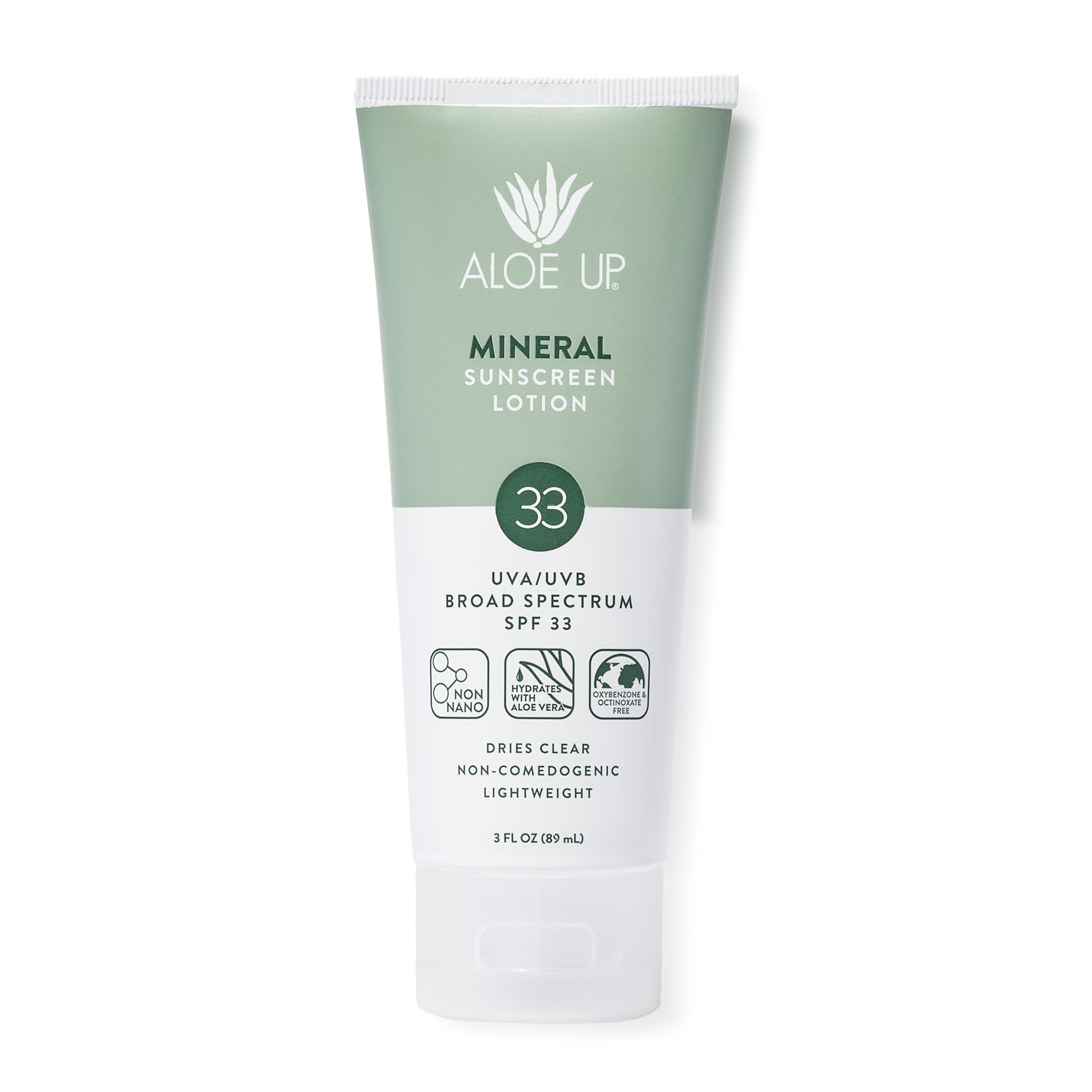 Aloe Up Mineral Sunscreen Lotion SPF 33, Zinc Oxide, 3 oz | Broad-spectrum mineral SPF 33; Gen2 zinc oxide, dries clear; formula; Water resistant up
