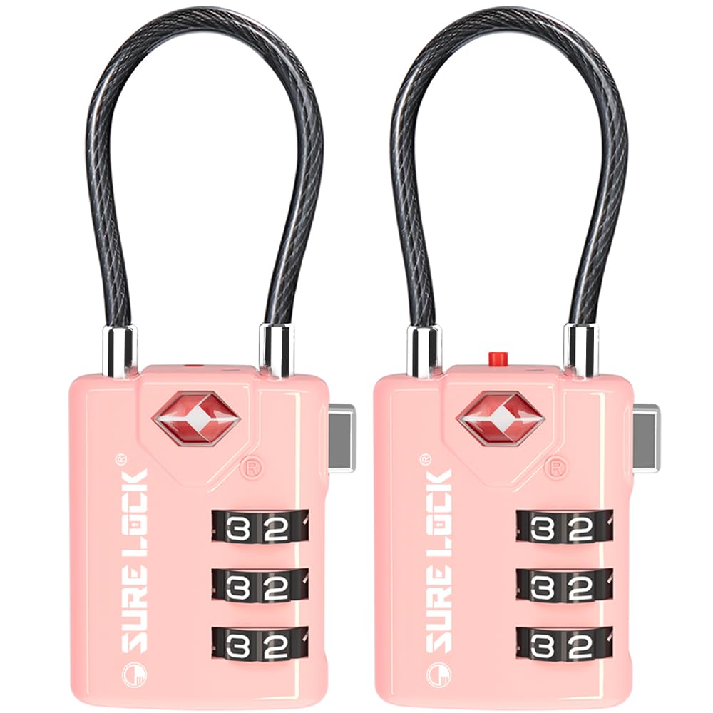SURE LOCK TSA Compatible Travel Luggage Locks, Inspection Indicator, Easy Read Dials TSA Approved with Zinc Alloy (2, Pink 2 Pack)