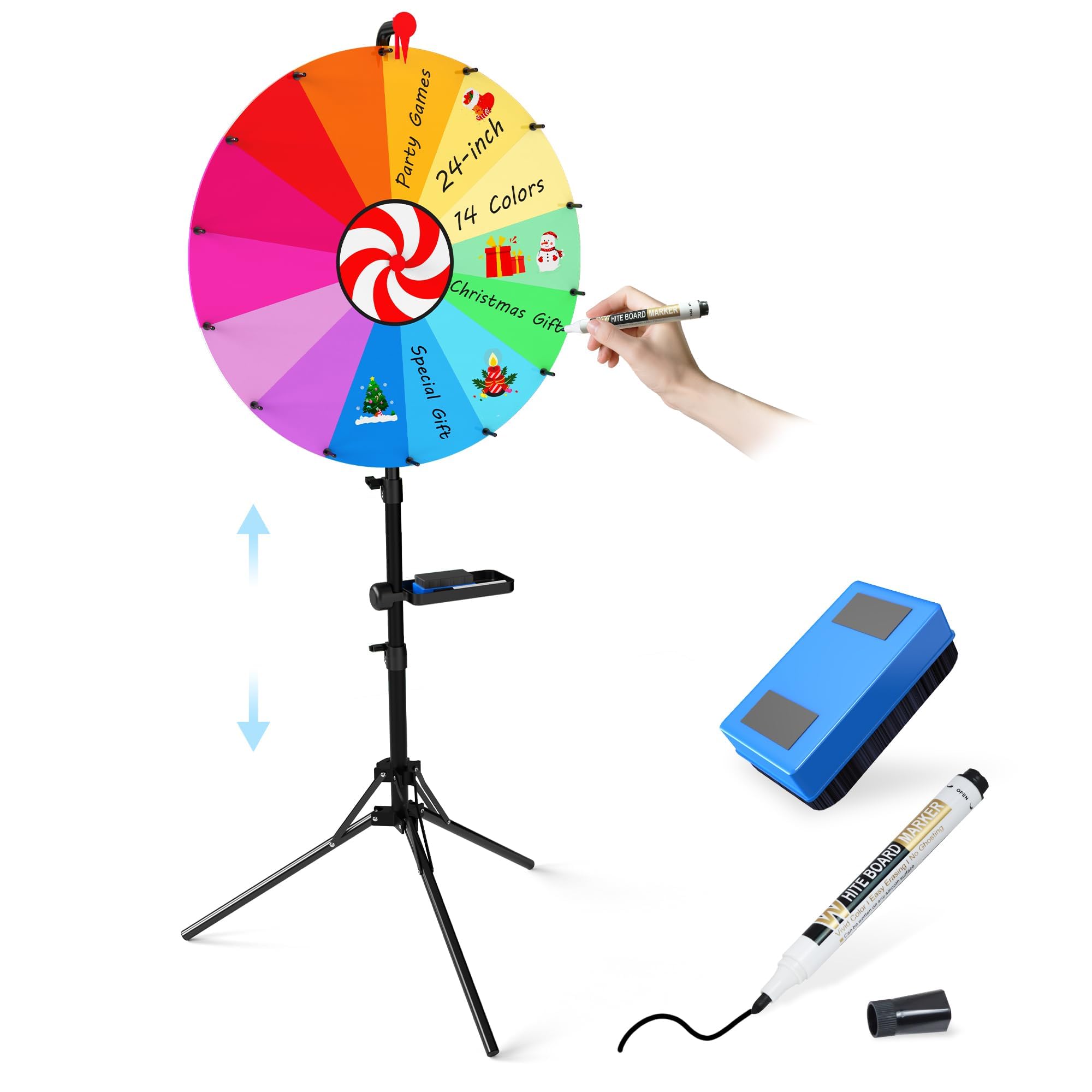 Ruleta de premios giratoria de 61 cm, 14 Colores, Superficie borrable, Altura Regulable 94–165 cm, Plegable con Soporte. Ideal para Fiestas, Bares, Salones y ferias.