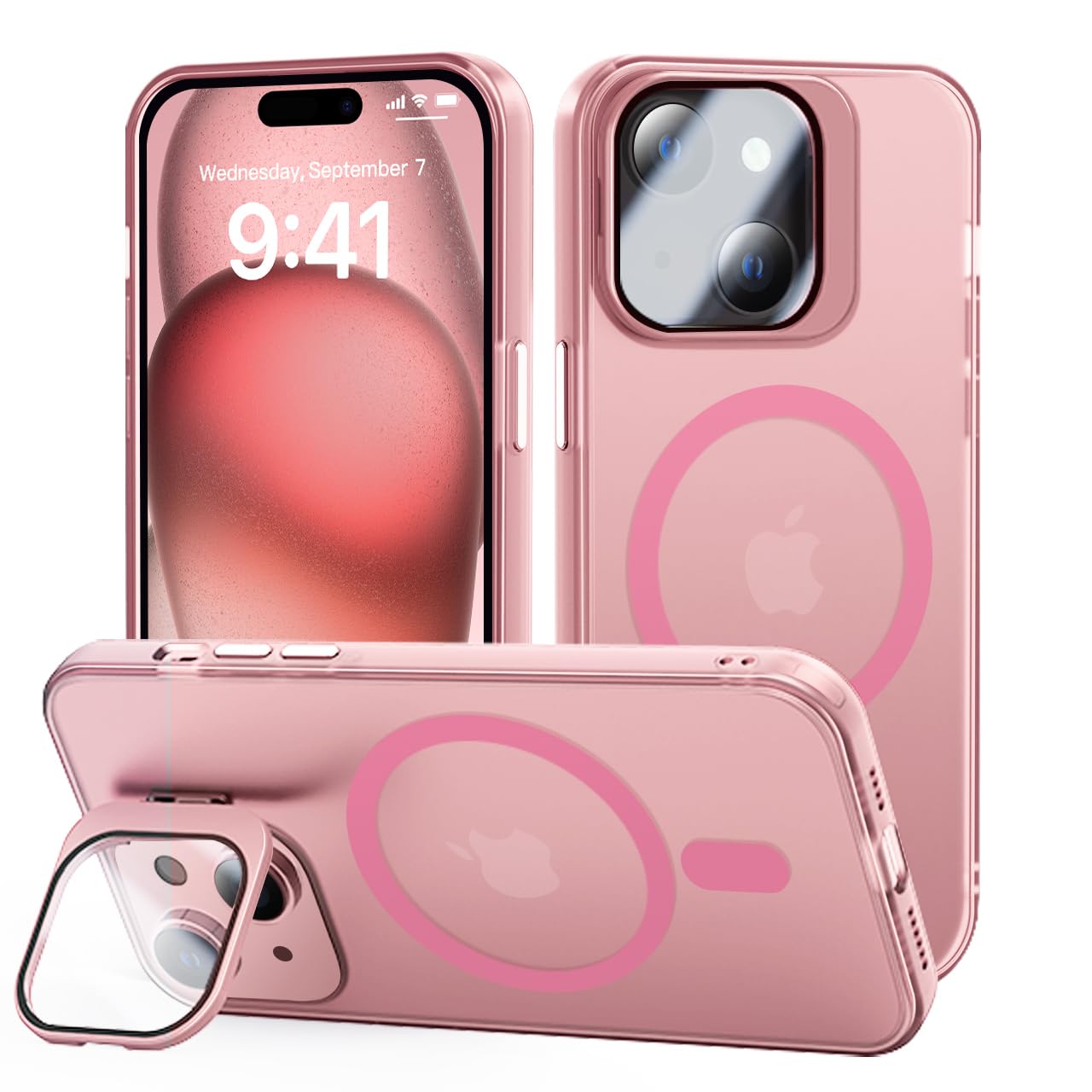 tigratigro Cover con Cavalletto,Compatibile con iPhone 15 Plus,Protezione Fotocamera H9 vetro temperato,Custodia Posteriore Glassata Traslucida, Anti-Impronte,Sensazione di Velluto (Sakura Pink)