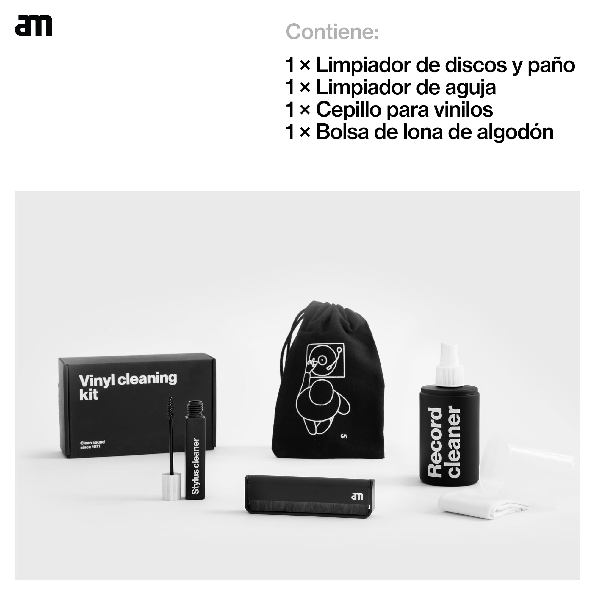 am Kit de Limpieza para Vinilos 3 en 1 – Limpiador de Vinilos 200 ml, Limpiador de Aguja, Cepillo Antiestático de Fibra de Carbono y Paños de Microfibra
