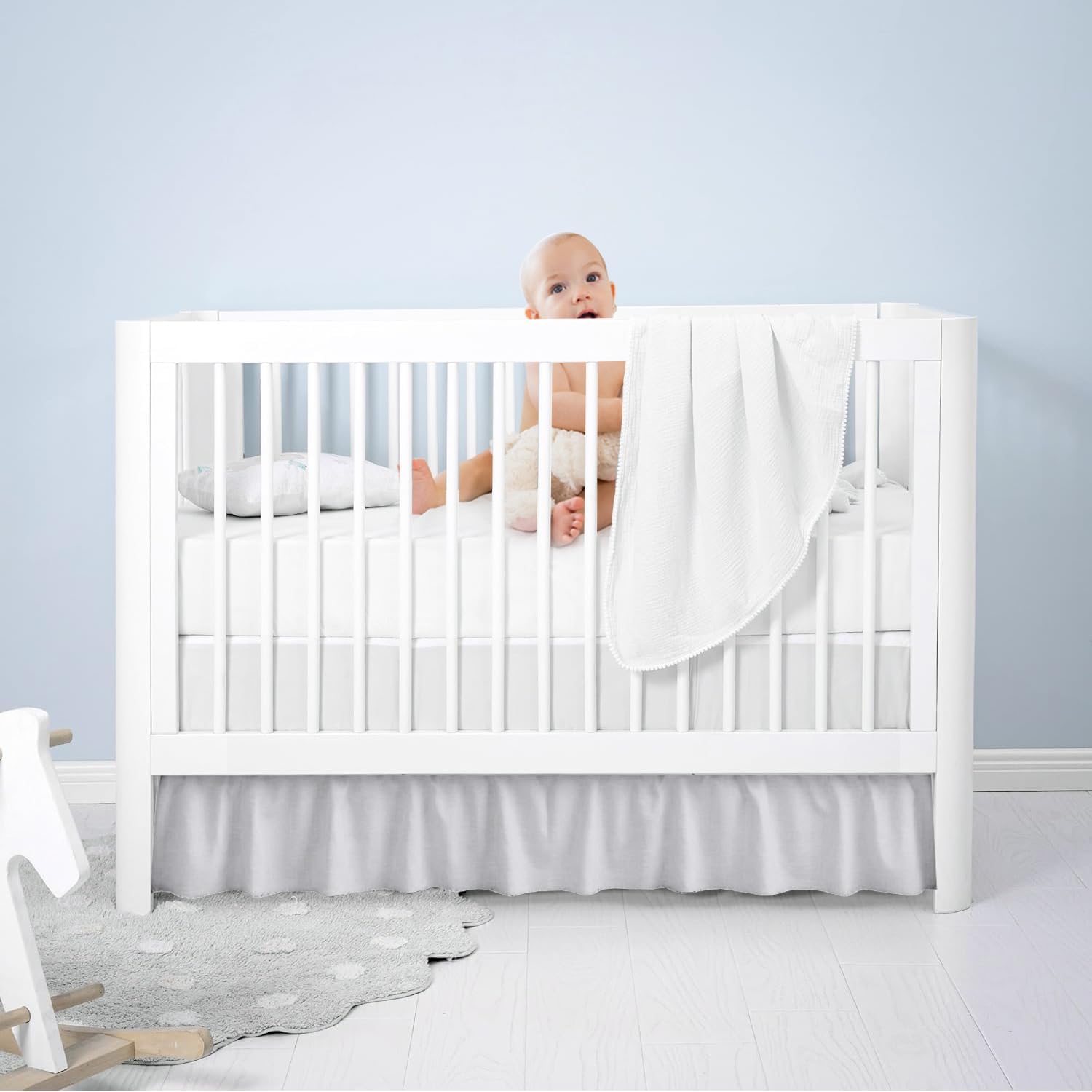 Dee's Collection Ruffled Crib Bed Skirt Standard - 52x28 Inch Nursery Toddler Ruffle Bedding Skirt 14" Deep Drop for Baby Girls, Boys, Soft and Breathable Microfiber Crib Bed Skirt Light Grey