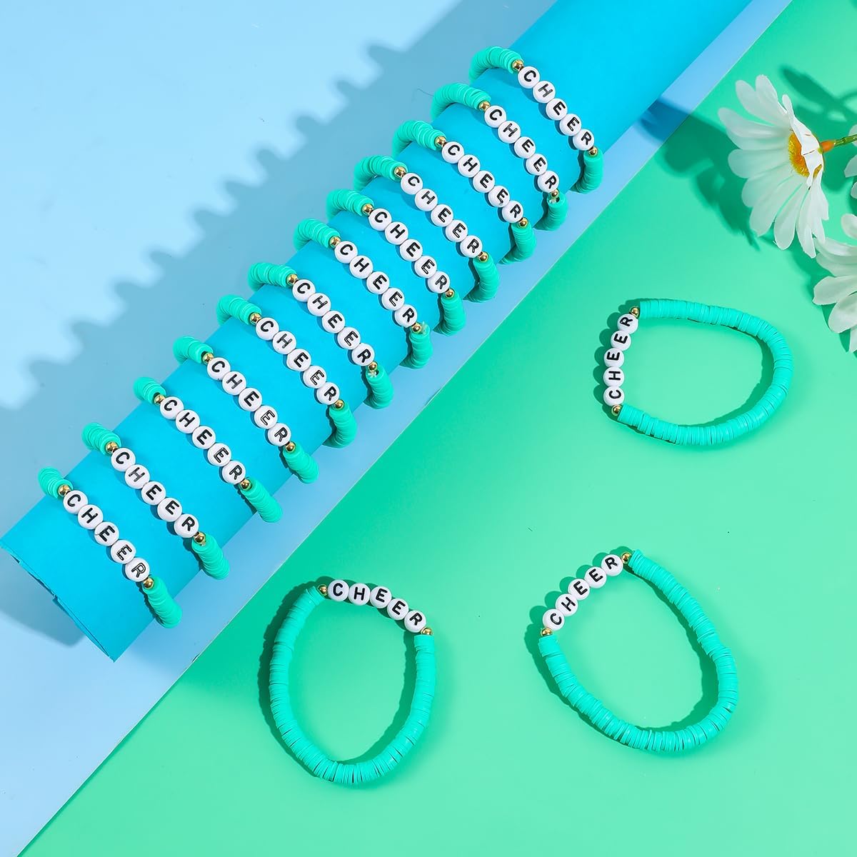 YANMIN 24 Pcs Cheerleader Gifts for Girls Handmade Friendship Bracelets for Teen Girls Stretch Cheer Bracelets Y2k Cheer Stuff Stackable Clay Bead Bracelets Bulk Teens Birthday Christmas Party Favors