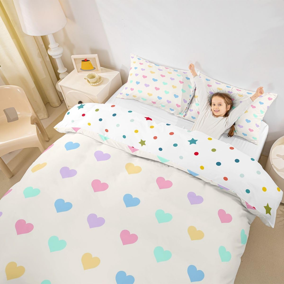 Colorful Polka Dot Duvet Cover Set Toddler Size,Cartoon Love Heart Bedding Sets 2Pcs for Kids Girls Boys Adult Room Decor,Watercolor Hearts Comforter Cover Beauty Princess Quilt Cover,1 Pillowcase