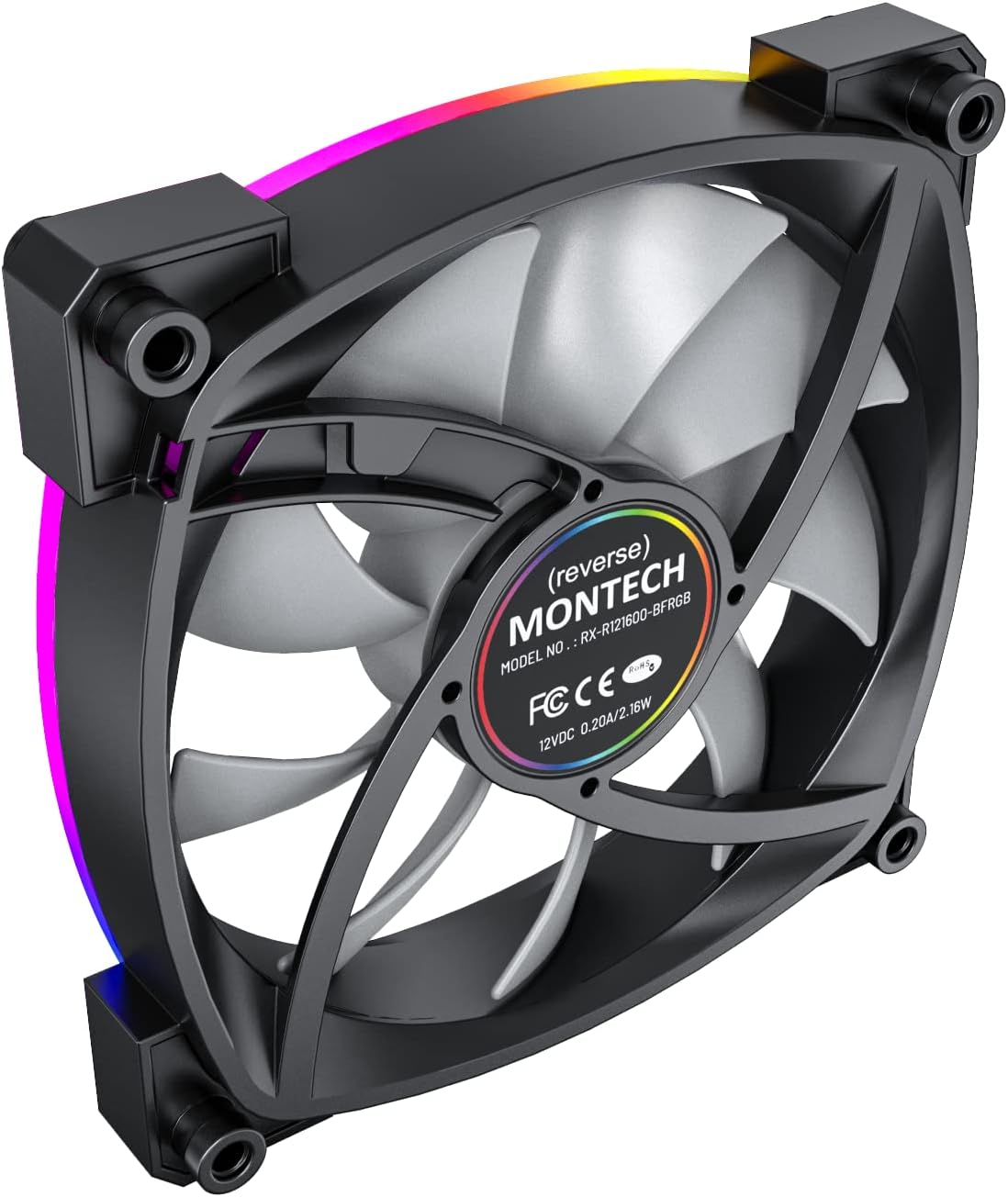 Montech RX 120 ARGB Reversed Fan with blue and purple lighting, viewed from an angle