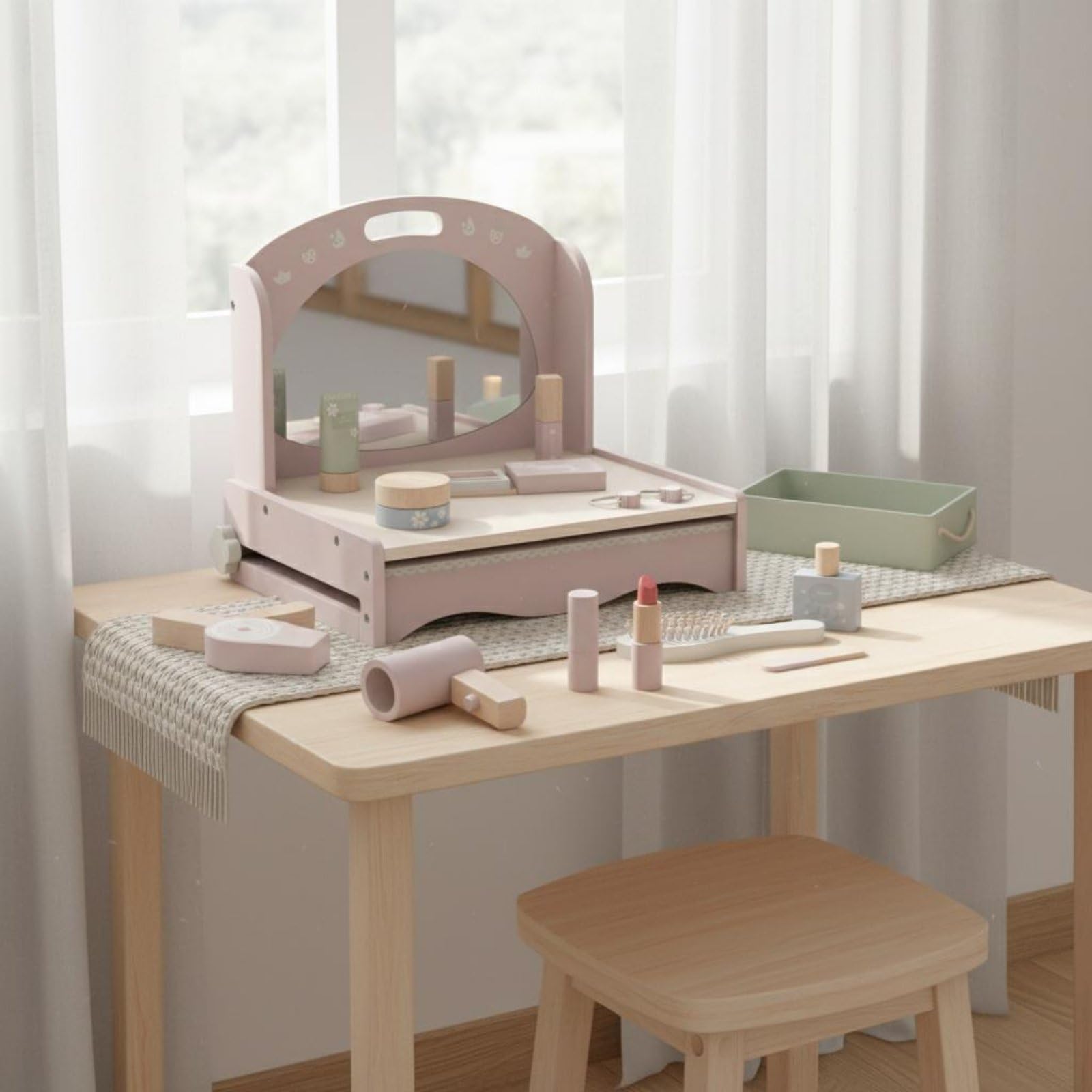 Set da Trucco Finto per Bambini Idea Regalo Set Trucchi e Parrucchiere Finti Interazione Genitore-Figlio Kit Cosmetici in Legno per Stanza Dei Giochi