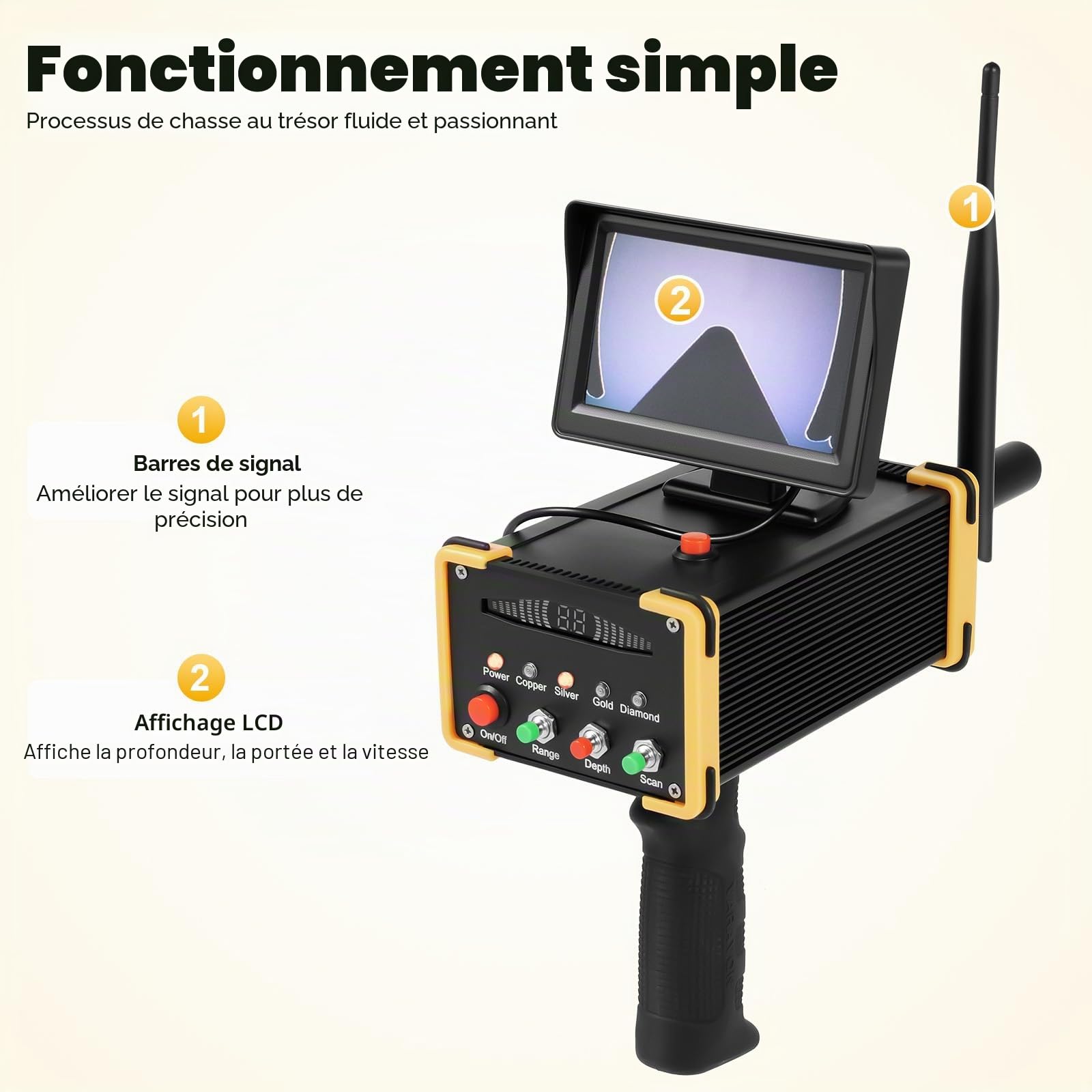 Détecteur de métaux avec écran LCD, portée de 990 m et profondeur de 16 m, détecteur haute précision rechargeable pour l'archéologie/recherche de trésors/sécurité