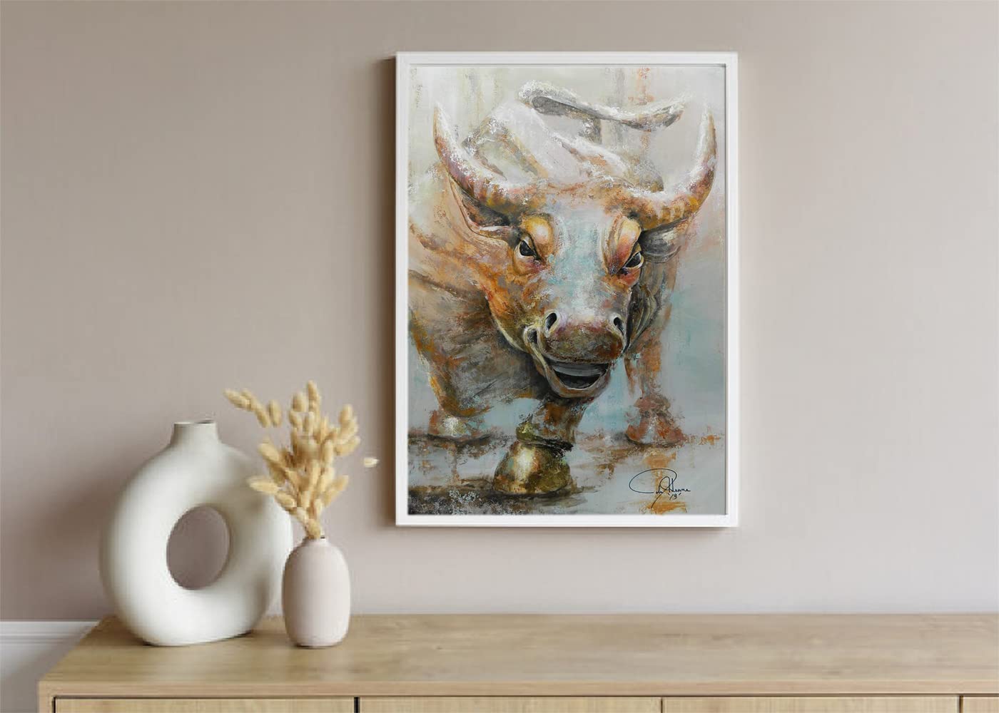 VERRE ART Printed Framed Canvas Painting for Home Decor Office Wall Studio Wall Living Room Decoration (10x14inch White Floater) - Bull Market W Redo