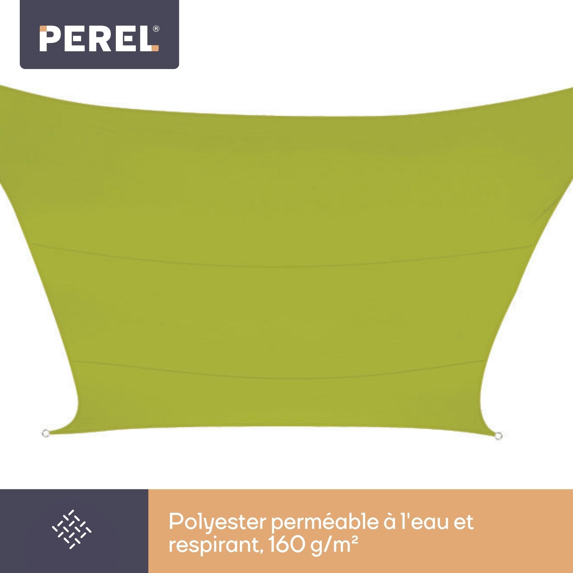 Perel Voile d’ombrage 5 x 5 m, Carree pour Jardin et terrasse, Polyester deperlant 160 g/m2, Protection UV 90%, Toile Respirante avec Anneaux en Acier Inoxydable, Vert Citron