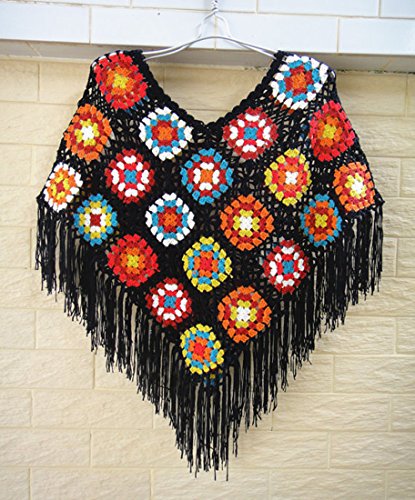 Crochet Fringed Poncho Cape Shawls Wraps Granny Square Womens Coat Sweater2