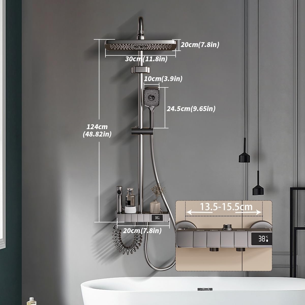 Colonne De Douche Avec Mitigeur, Design Piano Key, Pomme De Douche 30x20cm, Affichage Digital Led, Hauteur Ajustable, Multifonctionnel Pour Le Confort De La Salle De Bain.
