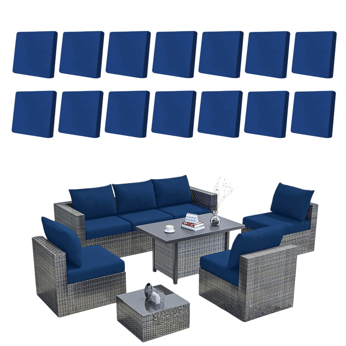 Hiseng 8/12/14 PCS Outdoor Cushion Covers Stretch Patio Cushion Covers Replacement Slipcovers Washable for Outdoor Sofa Cushions, Garden Furniture Set, Rattan Corner Sofa (Lake Blue,14 pcs)