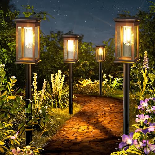 XUNIVERS Lámpara solar exterior para jardín, 4 piezas, luz al aire libre con luz cálida, IP65 impermeable, iluminación para caminos y decoración de jardín