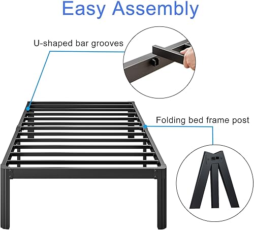 Miniatura 17 de Marco de cama de metal de alta resistencia de 16 pulgadas, marco de cama de plataforma tamaño matrimonial, no necesita somier, sin ruido, fácil