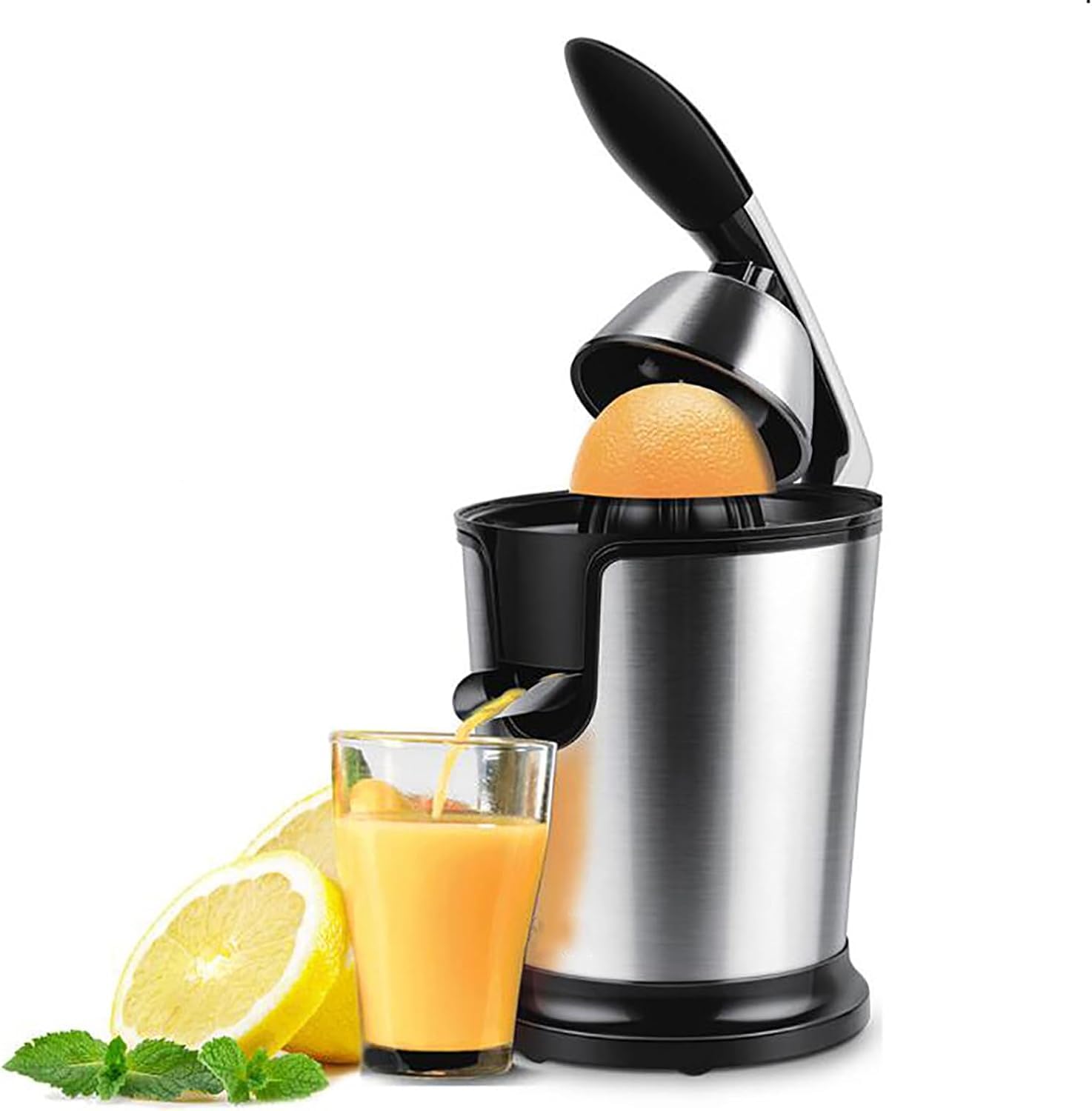 Exprimidor de Naranja Electrico 350W, Exprimidor de Zumo con Mango para Presionar, Extractor Jugo Limon con Palanca Easy Press, Exprime los Citricos Con Brazo de Prensar, Cuerpo Acero, Deposito 400ml