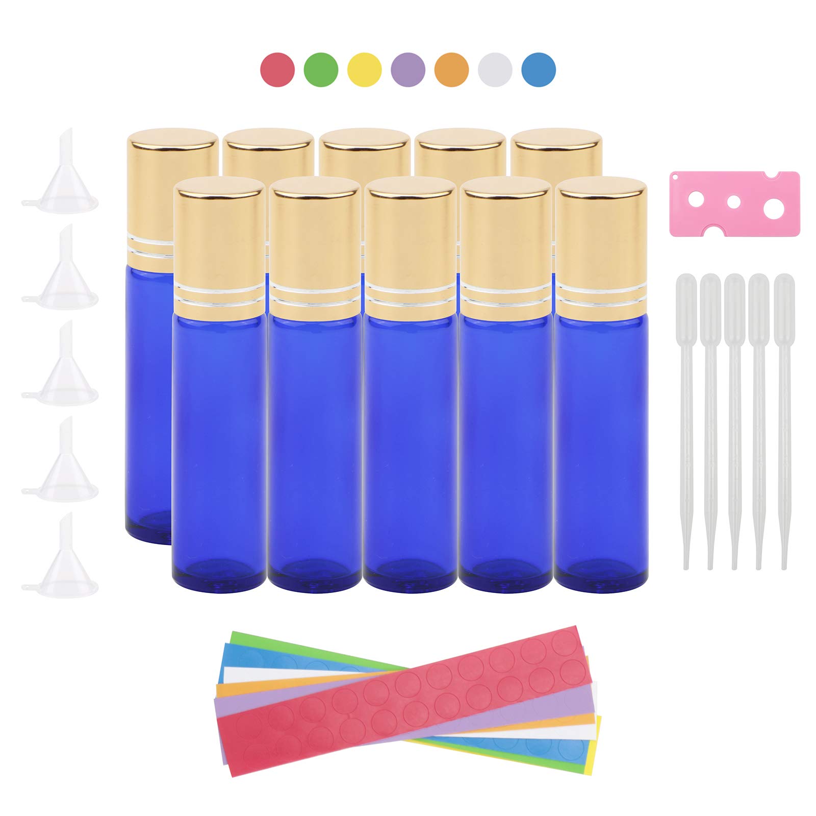 Kesell 10ml Essential Oil Roller Bottles 10 Pack Glass Cobalt Blue Roll On bottle Empty Perfume Bottles with Stainless Steel Roller Balls (154 Labels, 1 Opener, 5 Funnels, 5 Droppers)